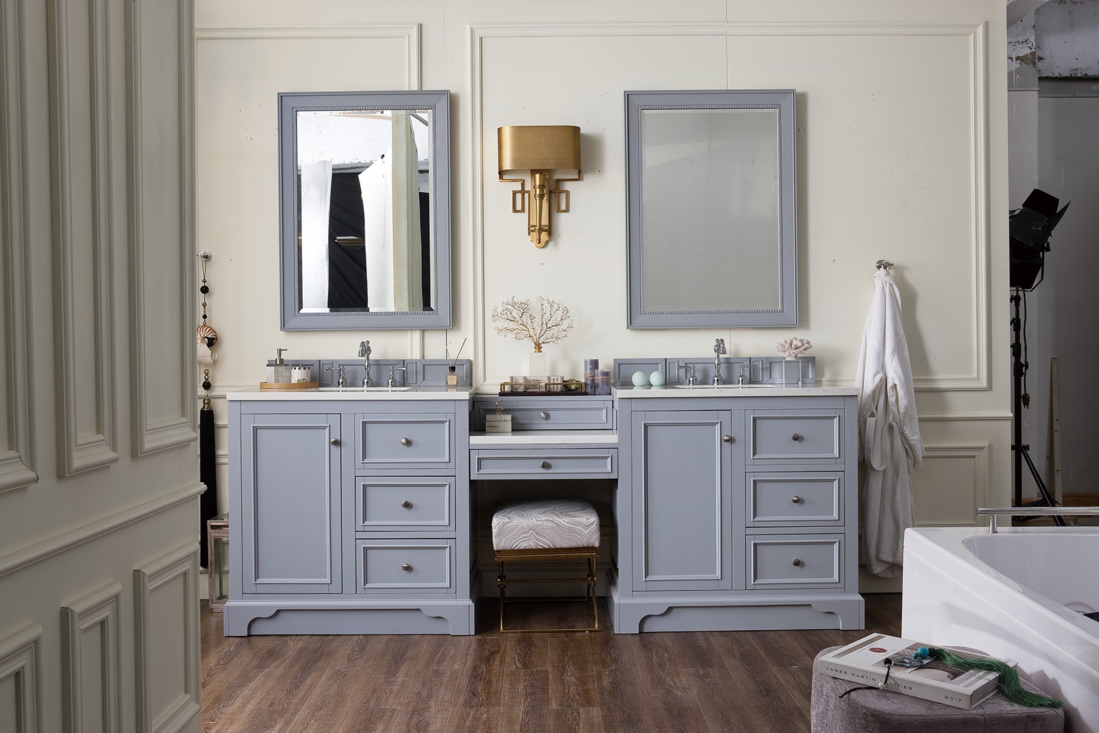 94 de Soto Double Bathroom Vanity with Makeup Counter, Bright White