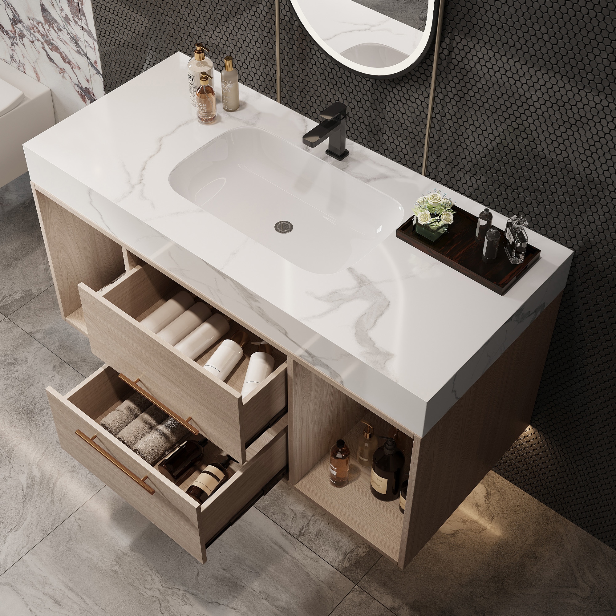 LOVMOR SF-H-W3136S00003 Durable Bathroom Vanity with Sintered Stone Top Modern Floating Design Ample Storage Space