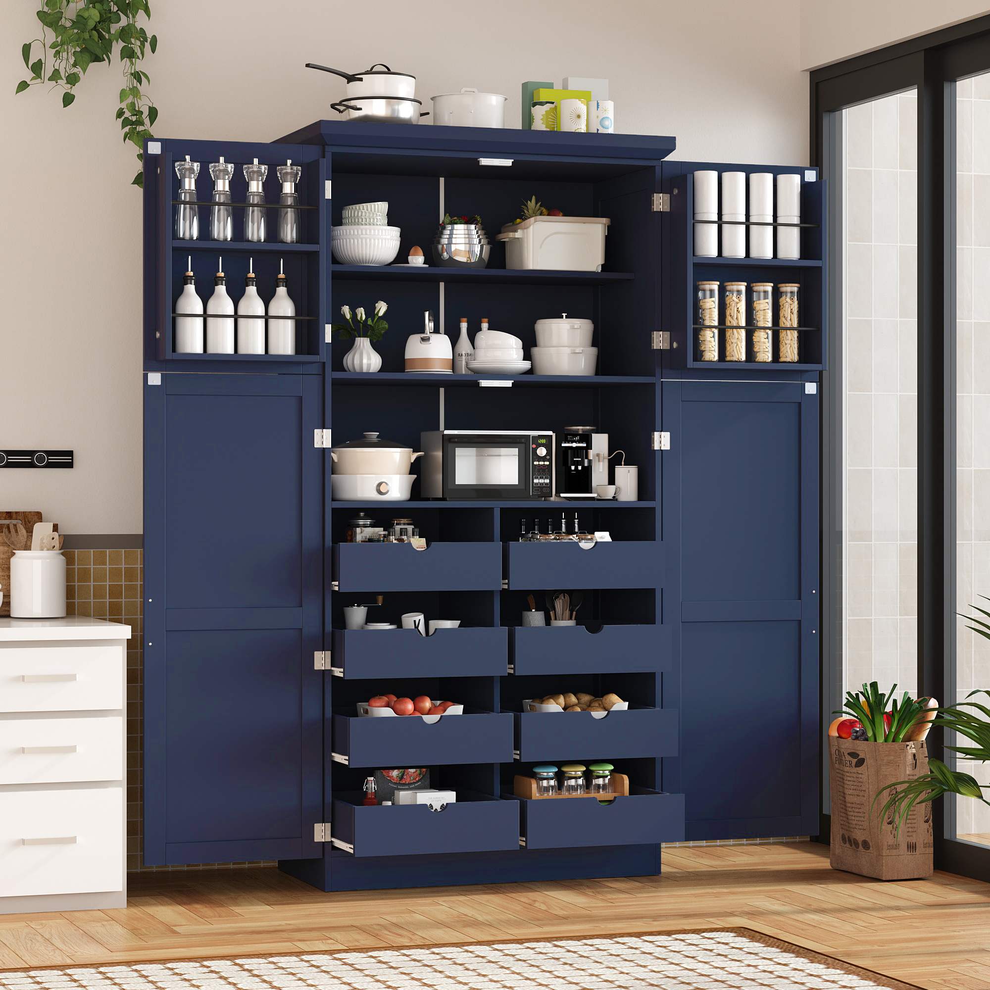 Maison Boucle Blue Storage Cabinet Pantry 2 Door Adjustable Shelves Pull Out Drawer Bins