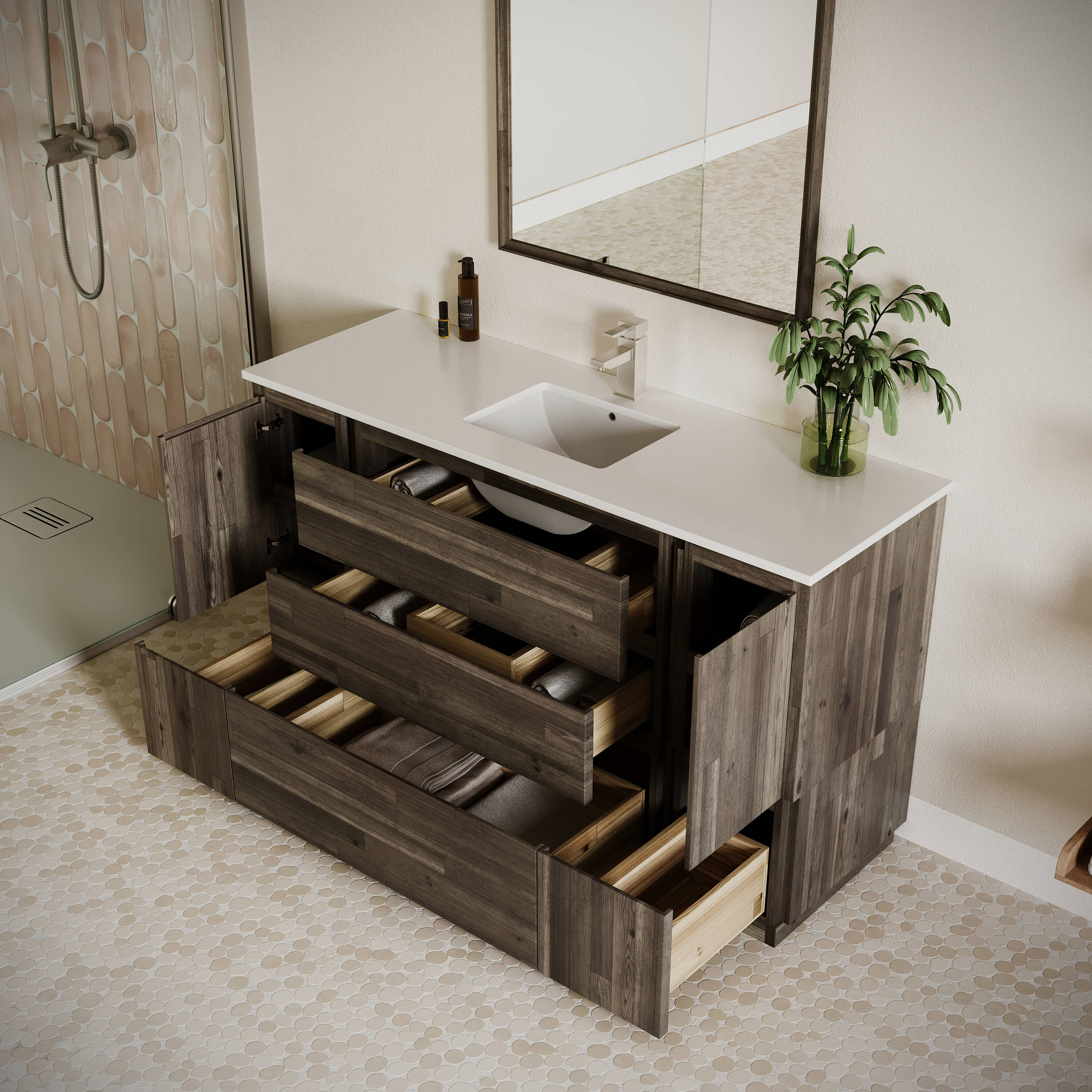Formosa 54" Acacia Wood Vanity with White Quartz Top and Mirror