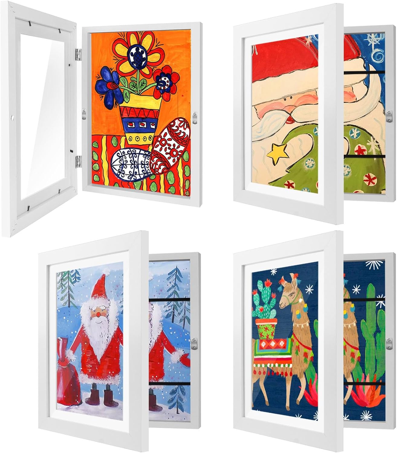 Upsimples FRAME06 4 Pack Kids Artwork Frame 8.5x11 Inch  Changeable Front-Opening Design  Wooden Frame with Acrylic Cover  Holds Multiple Artworks for Children's Drawings Photos White