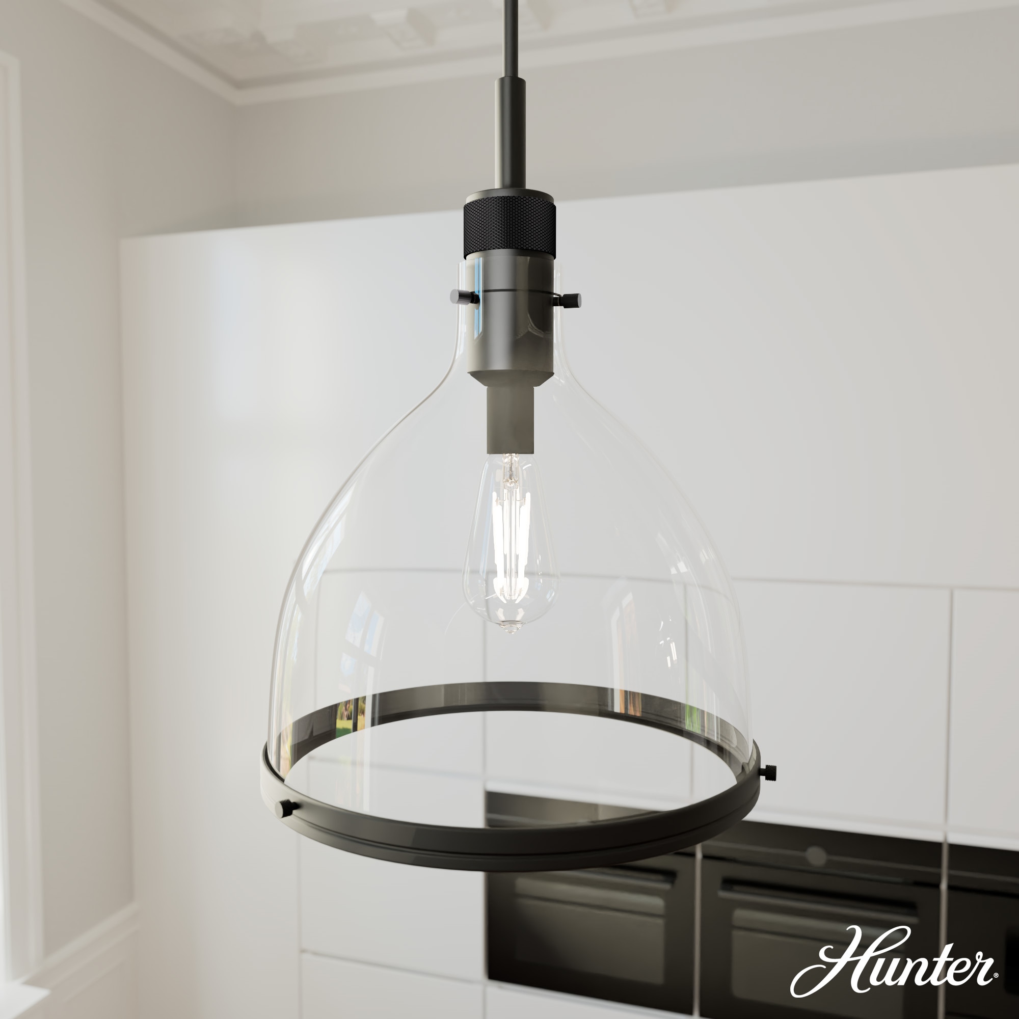 Hunter 48051 Van Nuys Matte Black Transitional Clear glass Bell Small Hanging Pendant light