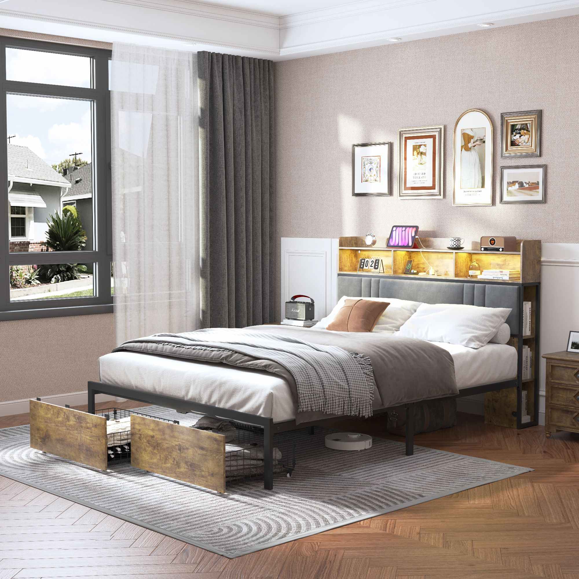 Yiekholo LL-2112AAB Queen Dark Brown Metal Platform Bed Storage with Headboard