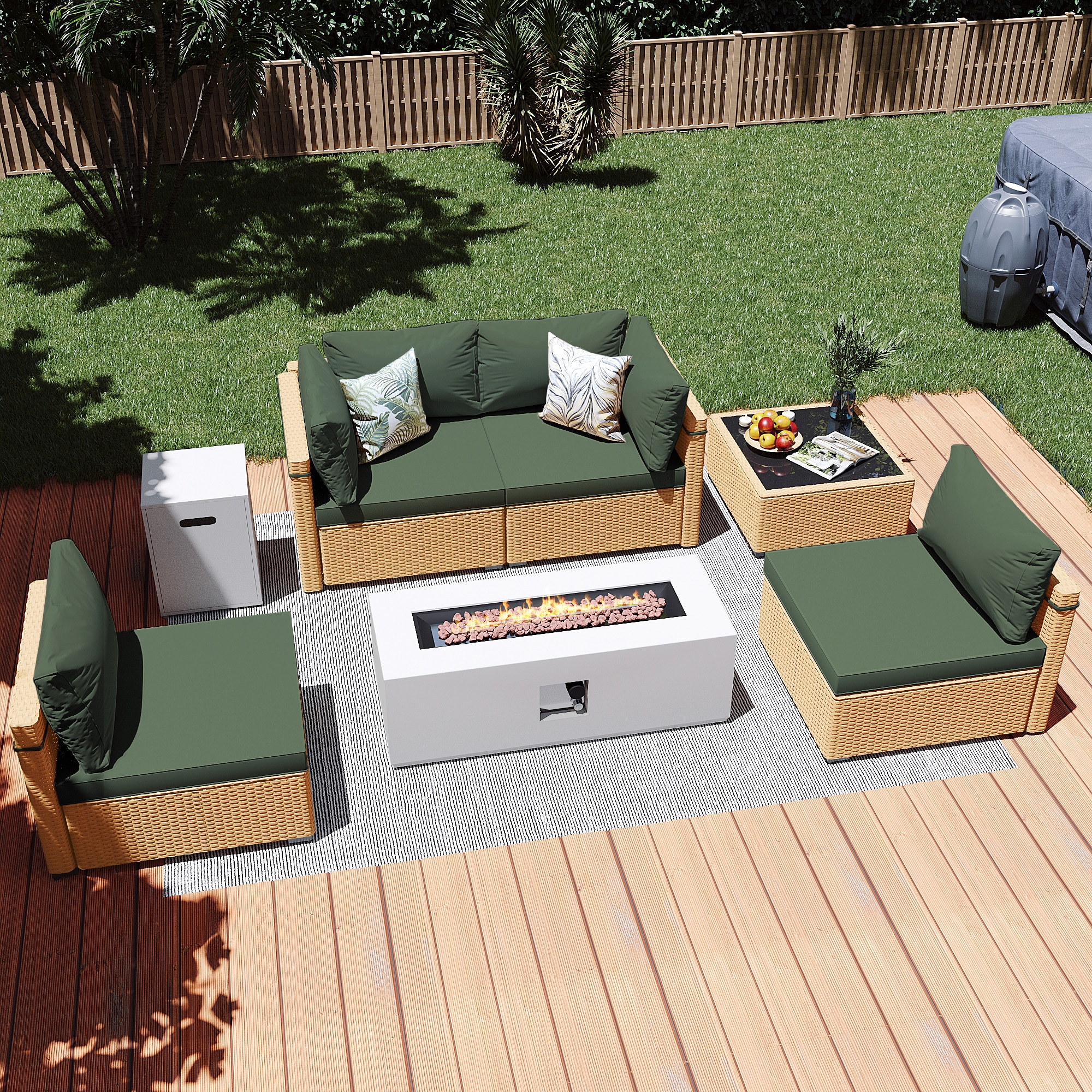 Patio Watcher LS-RT5-KD42CWH-Y2 6 -Piece Rattan Patio Conversation Set with Green Cushions