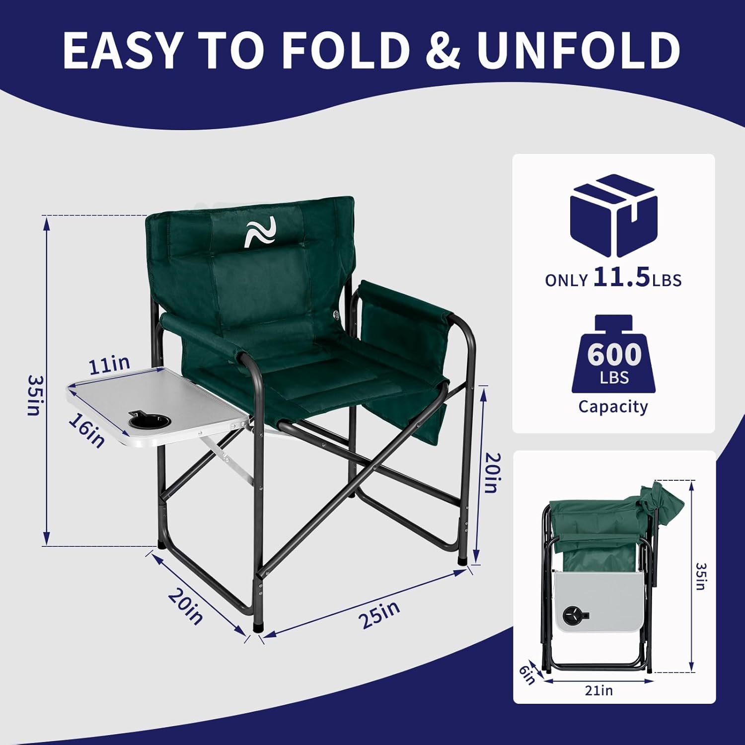Green Heated Steel Folding Director's Chair with Side Table