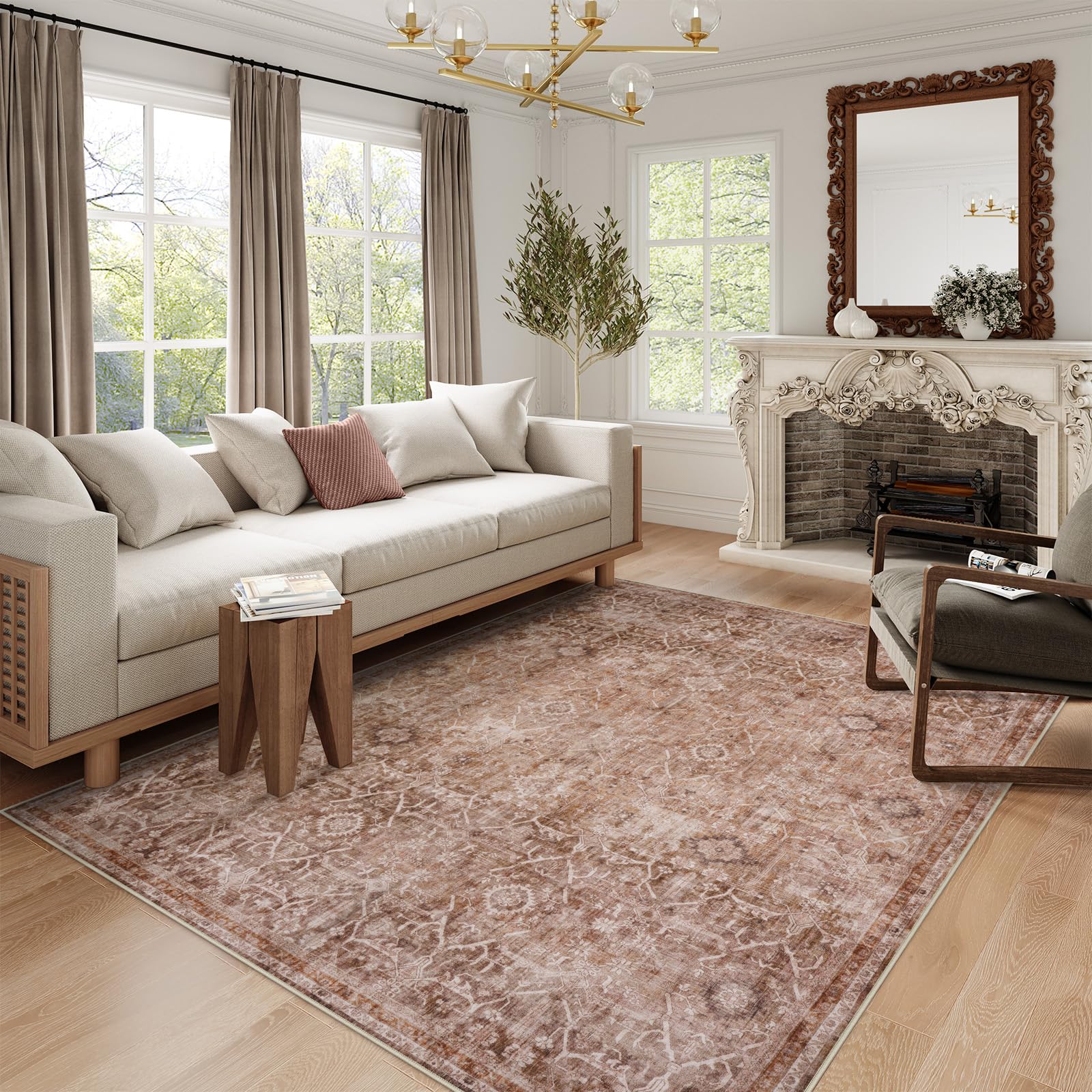 Lahome AR-DYR-199-R1 5 x 7 (ft) Red Vintage Tribal Full Coverage Short Pile Velvet Rectangular Indoor Area Rug