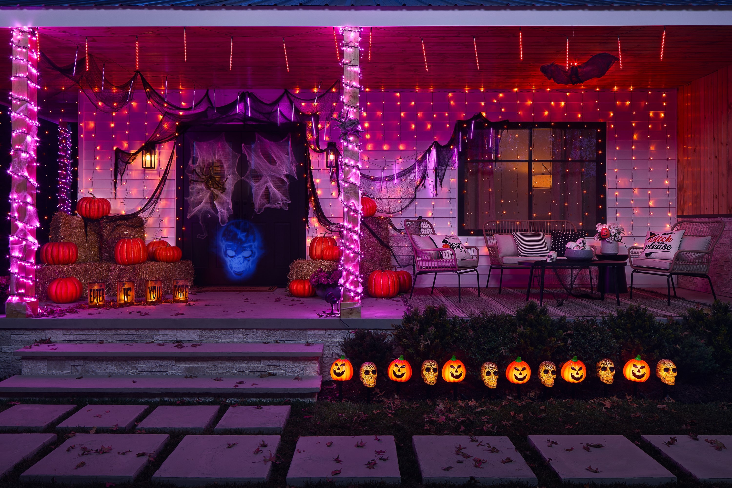Haunted Living 180 Count LED Multi Function Purple Halloween Curtain Lights ES65 230B at Lowes