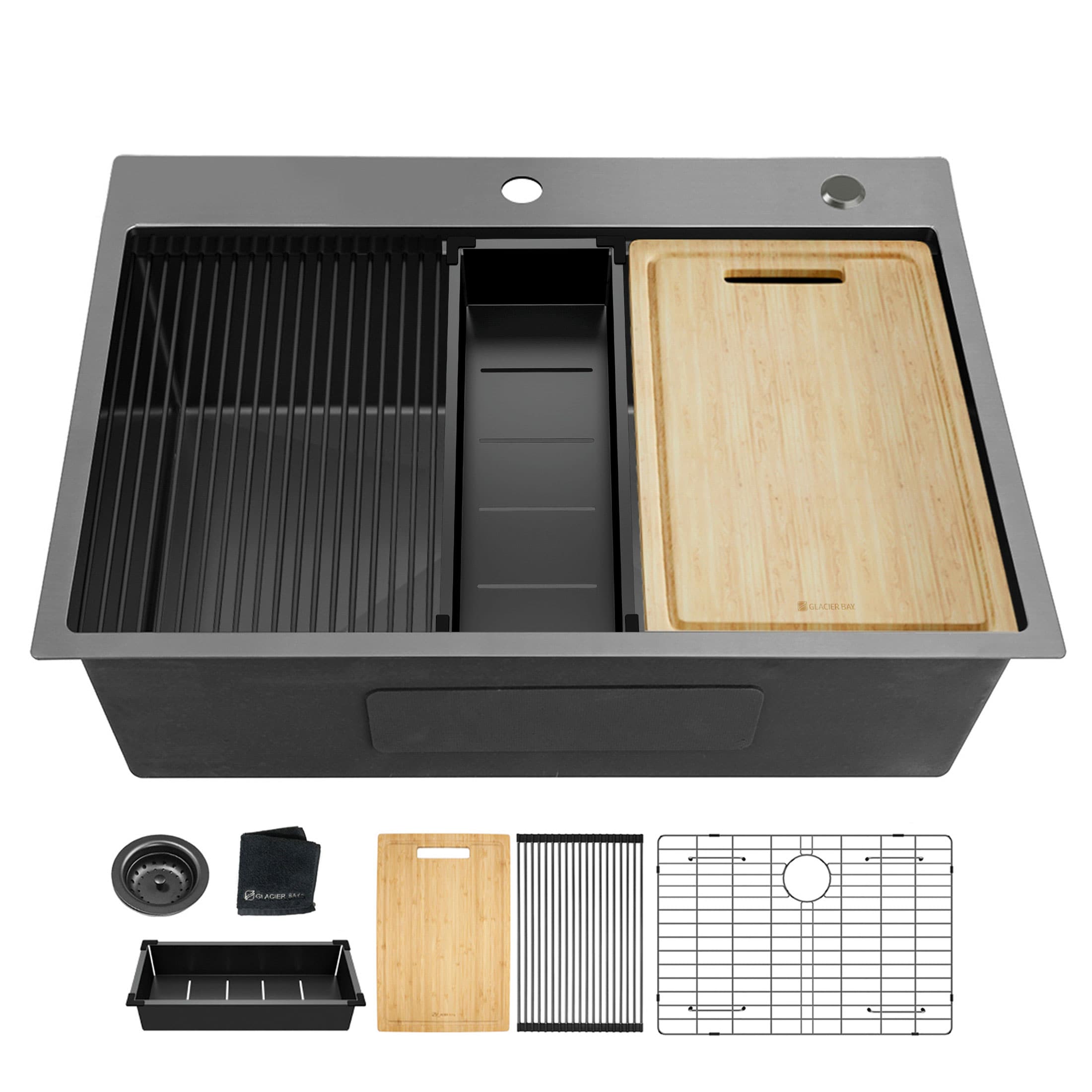 Tinyhomie 32x22 Inch Topmount Gunmetal Black Workstation 18Gauge Stainless Steel Single Bowl Kitchen Sink