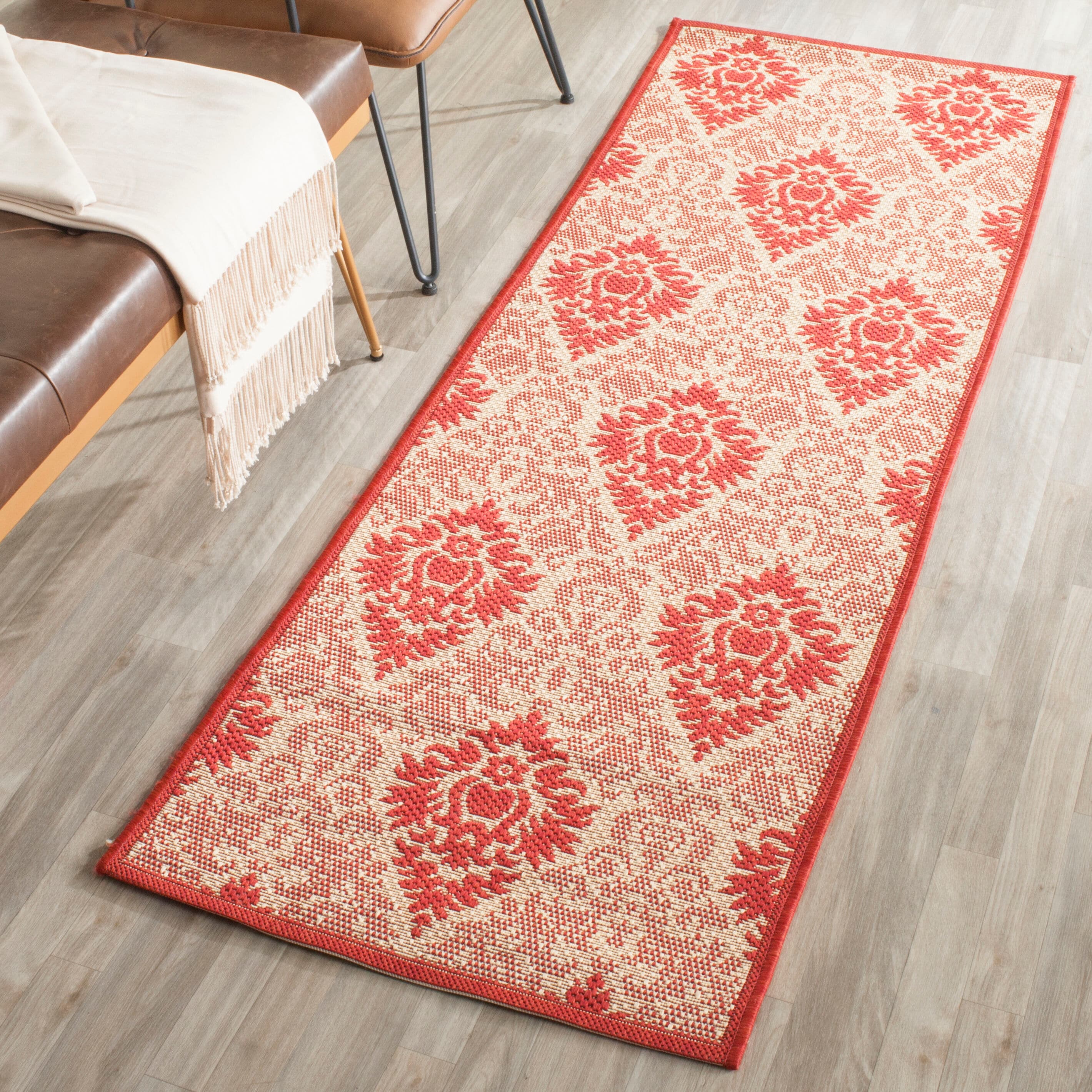 Safavieh CY2714-3701-27 Courtyard Harnesk 2 x 7 (ft) Loomed Polypropylene Natural/Red Rectangular Indoor/Outdoor Damask Coastal Runner rug