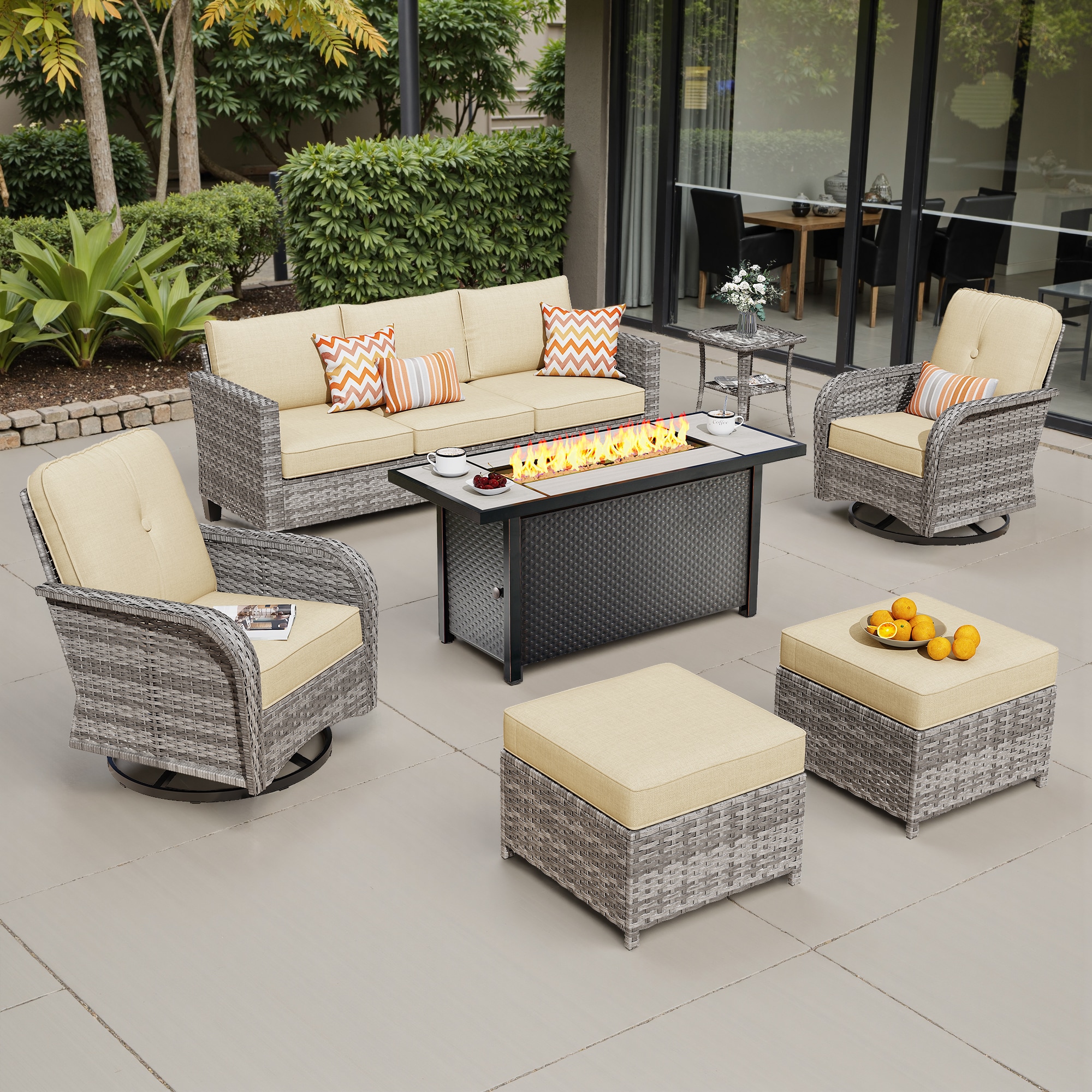 weaxty HMBCFPYZGNCGNTC307 Initial 7 -Piece Wicker Patio Sofa Conversation Set with Off-white Cushions