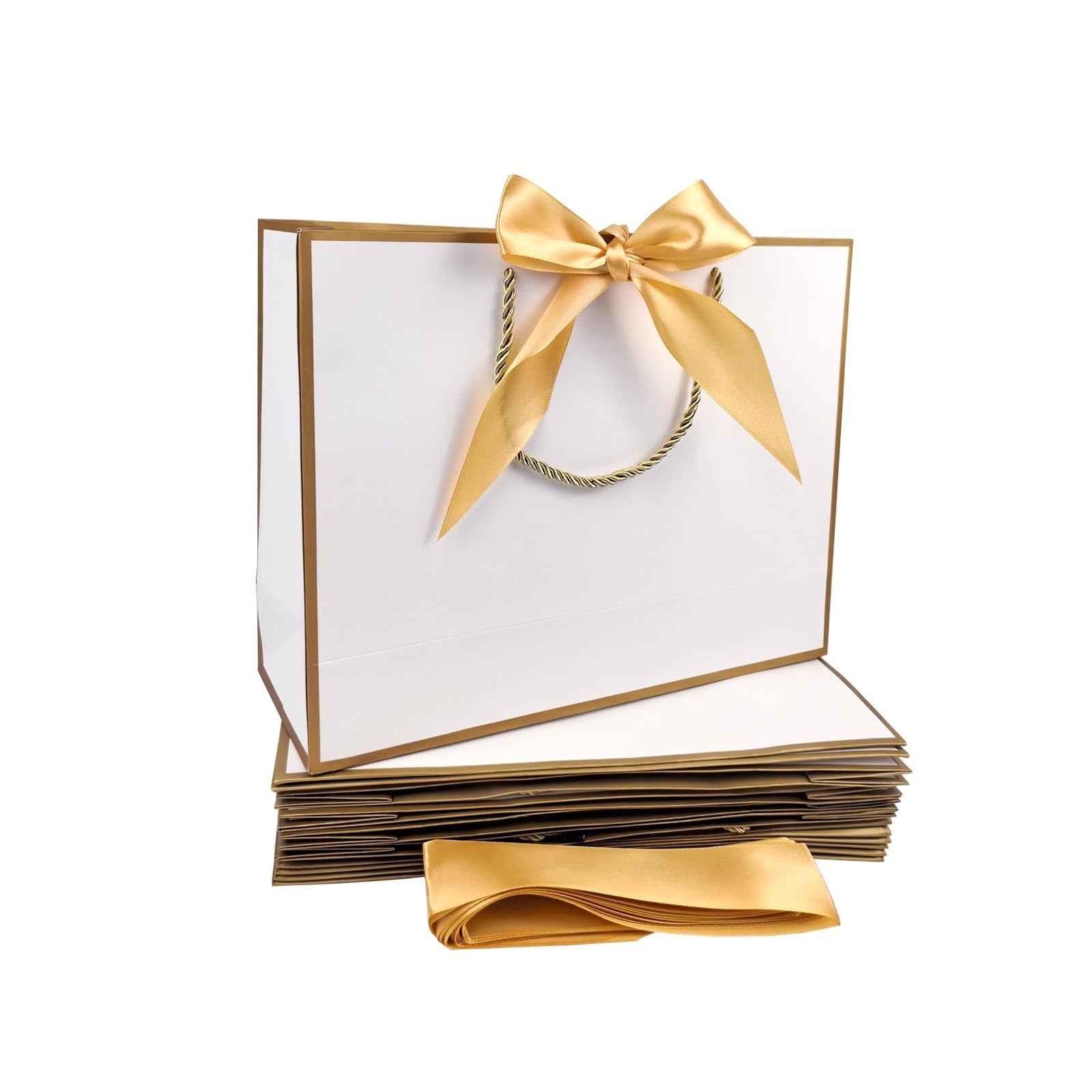 Afoxsos 12 Pack Medium White Gold Paper Gift Bags with Handles and Gold Ribbon 12.5 x 9.8 x 4.3 Inch for Weddings Birthdays Parties