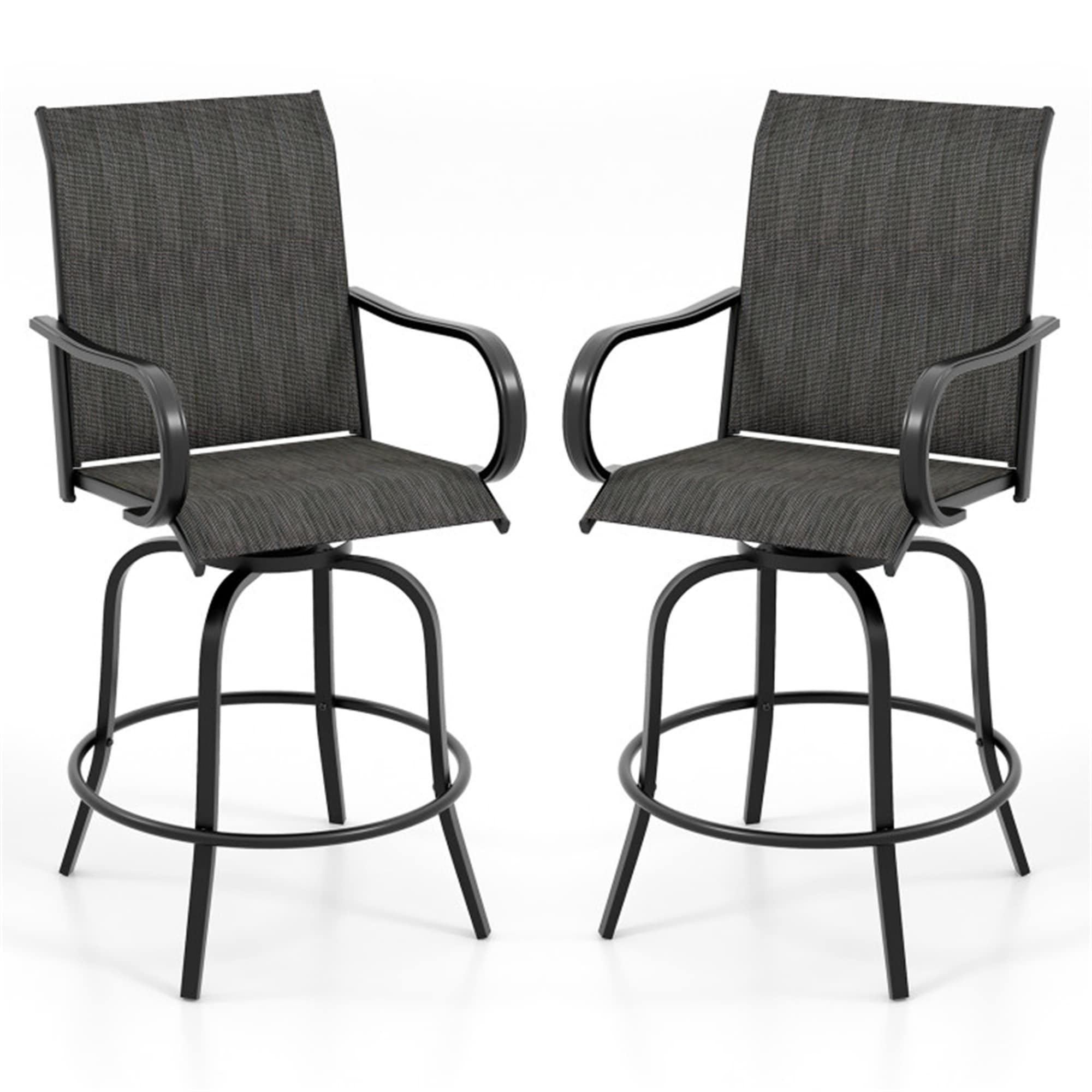 BABOOM BOM-924DK-2-CO Outdoor Chair Set of 2 Black Steel Frame Swivel Bar Stool Chair with Black Sling Seat