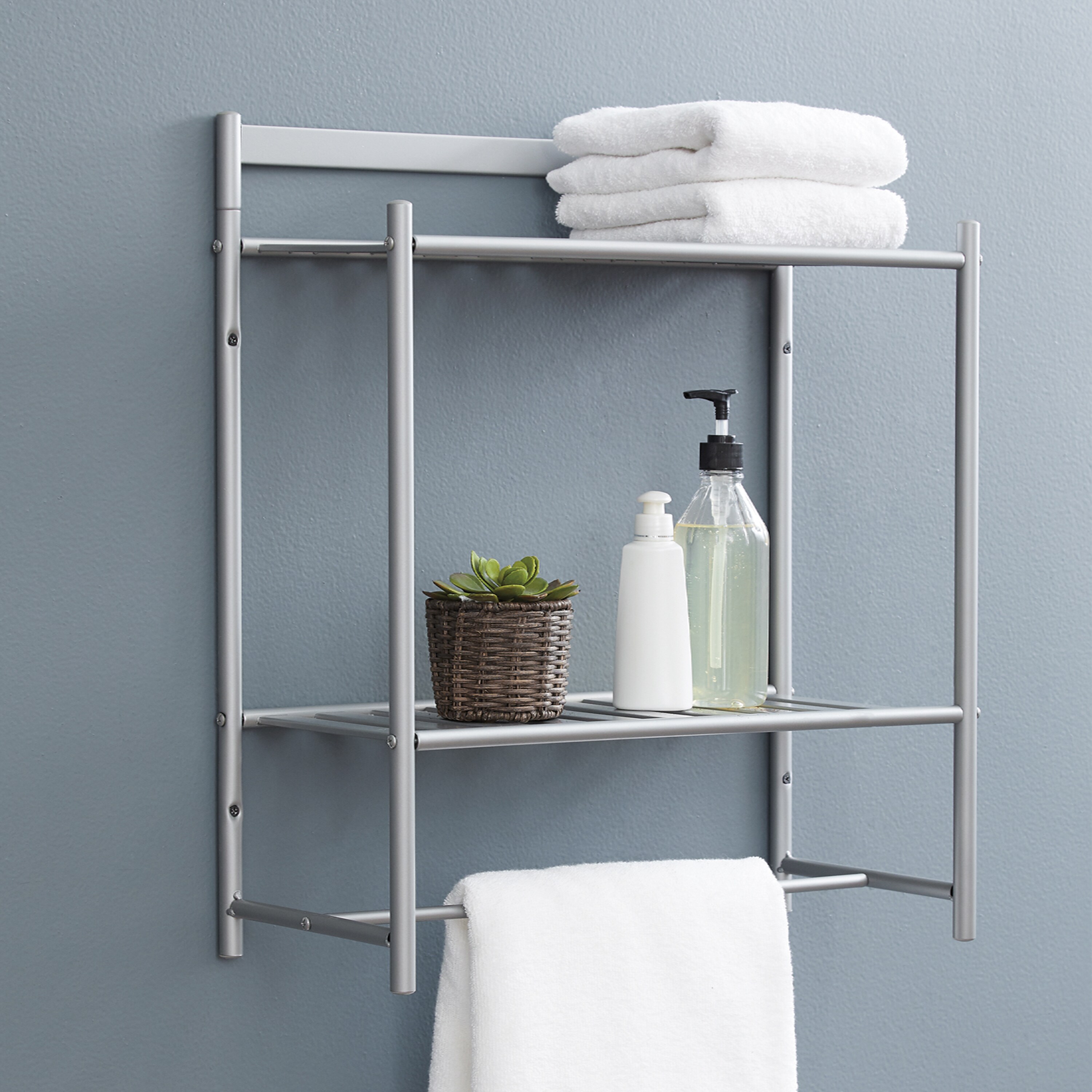 2 Tier Silver Chrome Metal Wall Mounted Bathroom Shelf Organizer with  Hanging Towel Rack, 17 x 10 x 22 in.