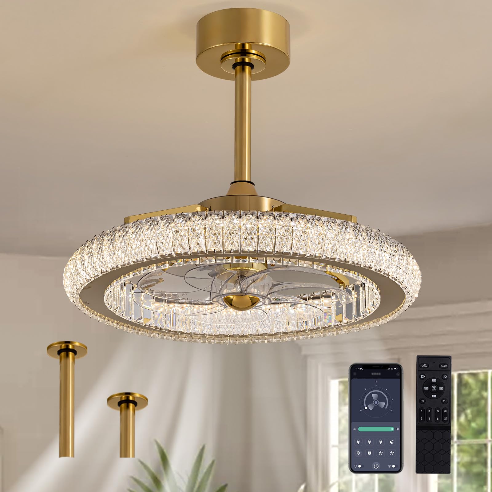 SILJOY CFL-1185-01 Flush mount Ceiling Fan with Light and Remote Control Include