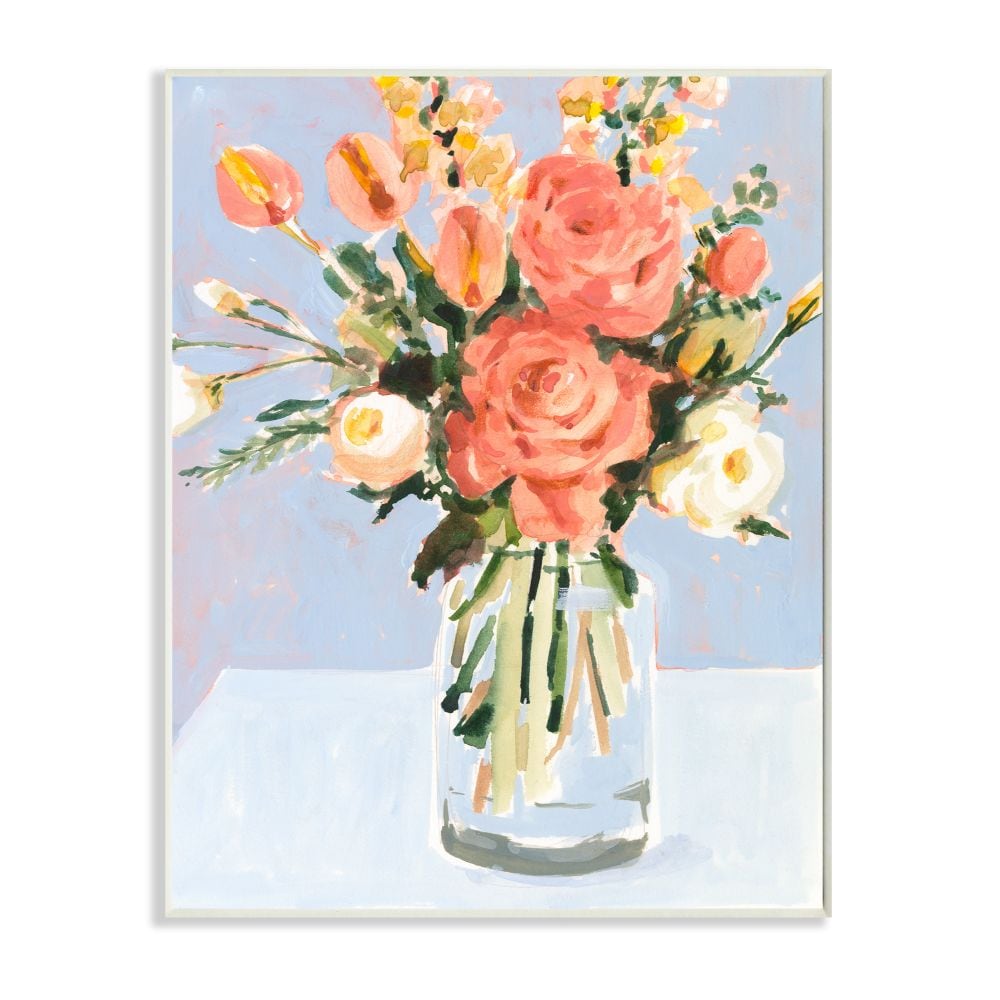 Blushing Tulip and Rose Spring Floral Bouquet Victoria Borges 15-in H x 10-in W Floral Print in Blue | - Stupell Industries AB-526-WD-10X15