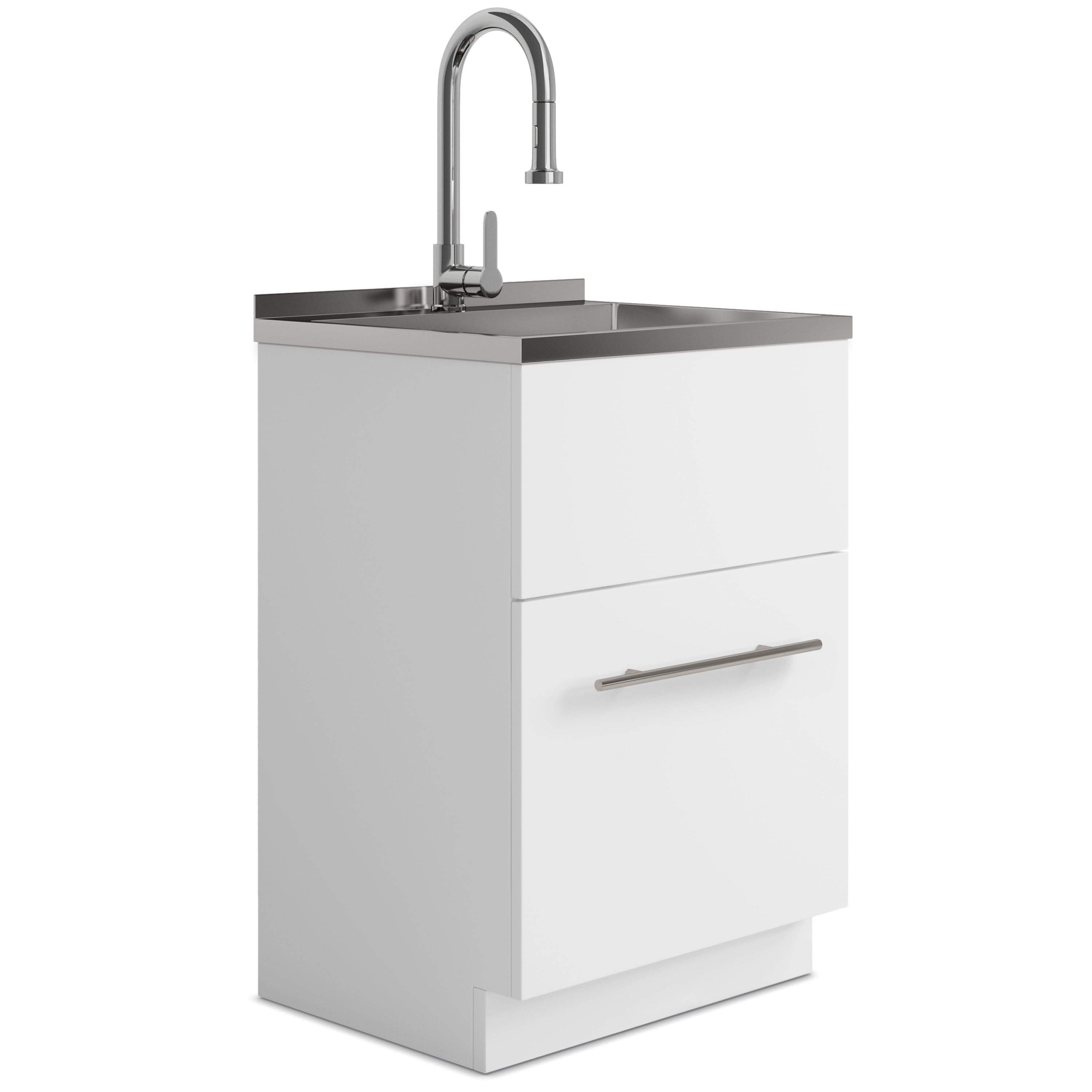Vanityfus 19.7-in x 23.6-in Single Stainless Steel Basin White Freestanding Utility tub Cabinet with Drain and Pull-out Faucet