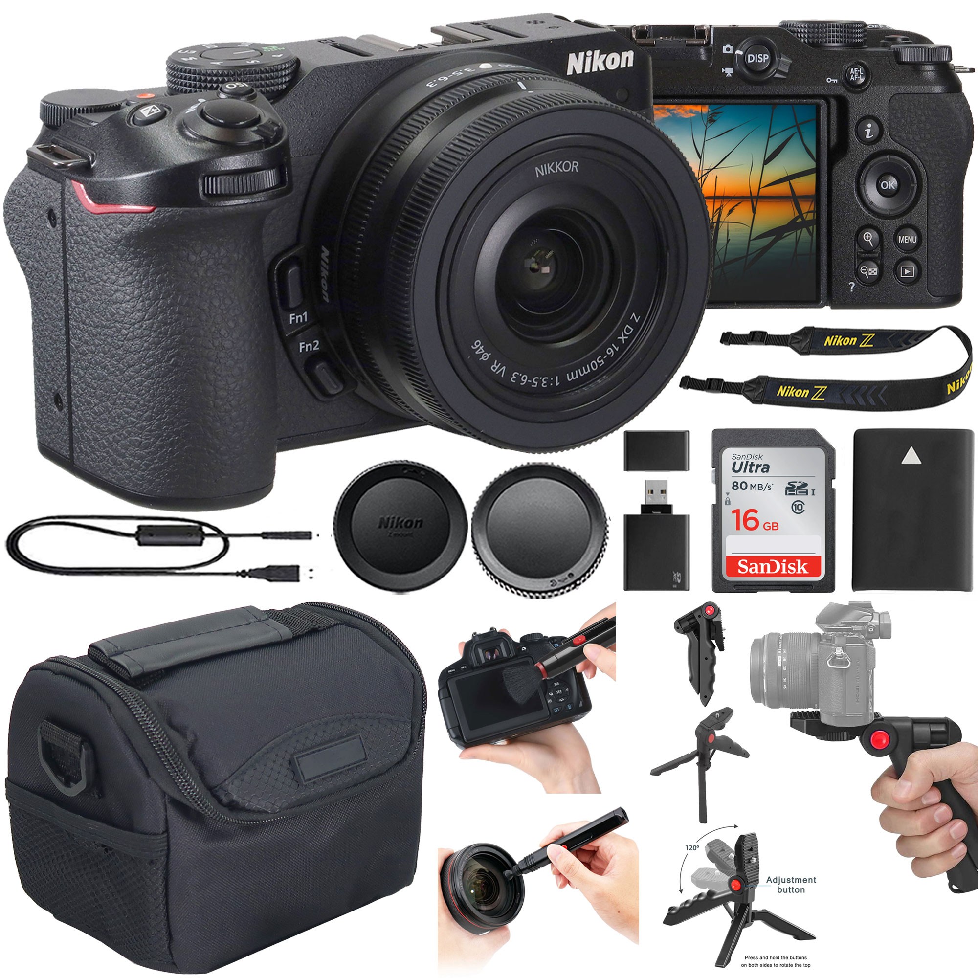 Nikon  Z30 Mirrorless Camera with DX 1650mm Lens Black SanDisk Ultra 16GB Class 10 SDHC UHSI Memory Card Case Pistol Grip Tabletop Tripod for Canon  Sony Pentax Panasonic Camera Lens Cleaning Pen Memory Card Reader