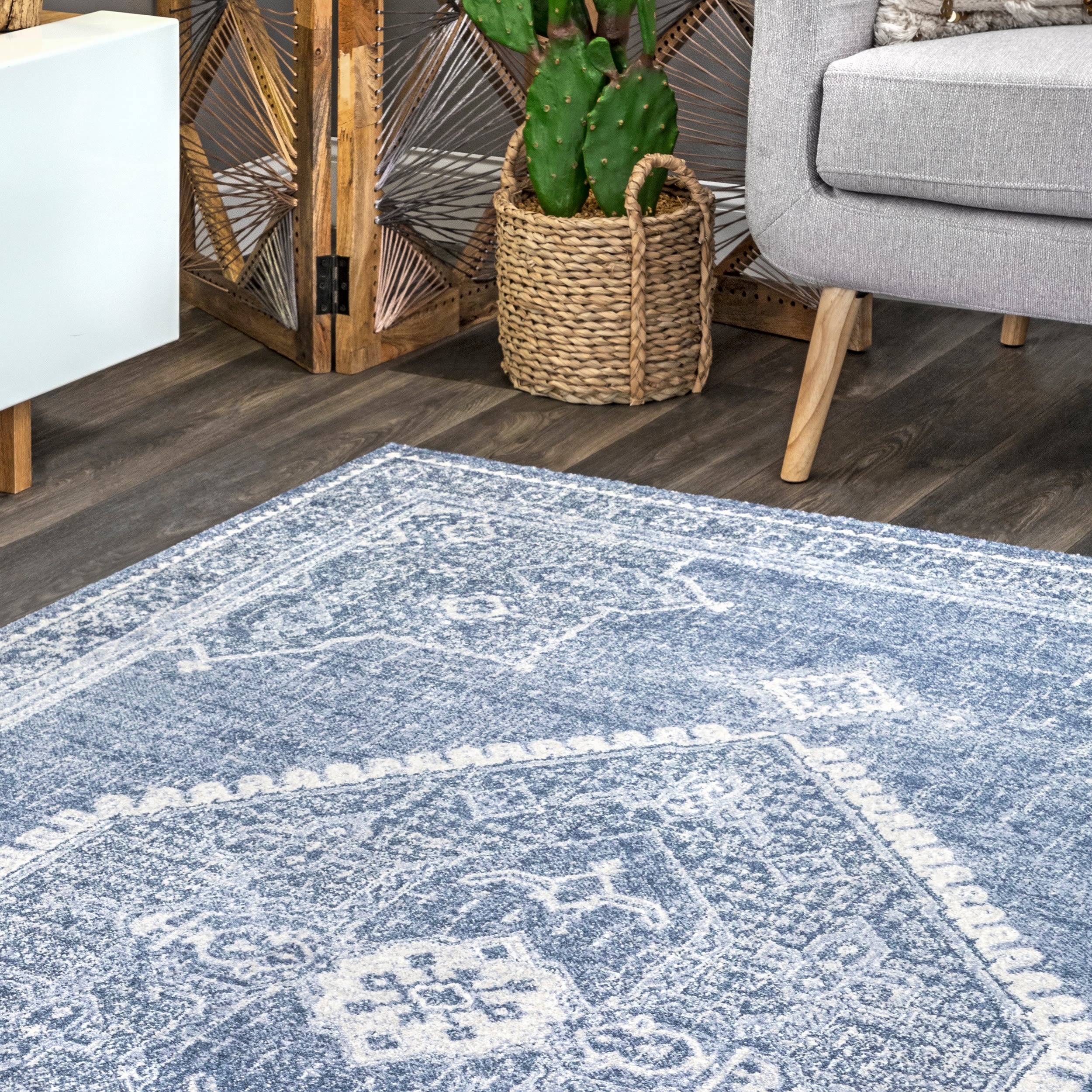 Reversible Blue Synthetic 4' x 6' Rectangular Area Rug