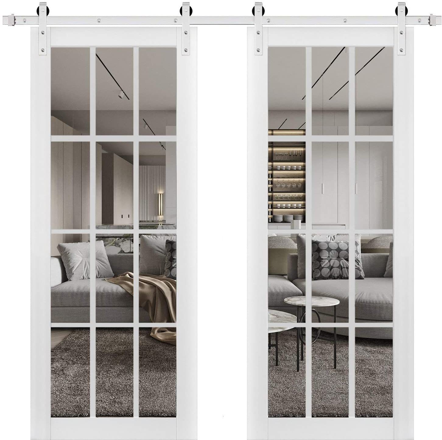 SARTODOORS FEL3355DB-S-BEM-60 30-in x 80-in White Prefinished Clear glass Wood Solid core Double Barn Door (Hardware Included)