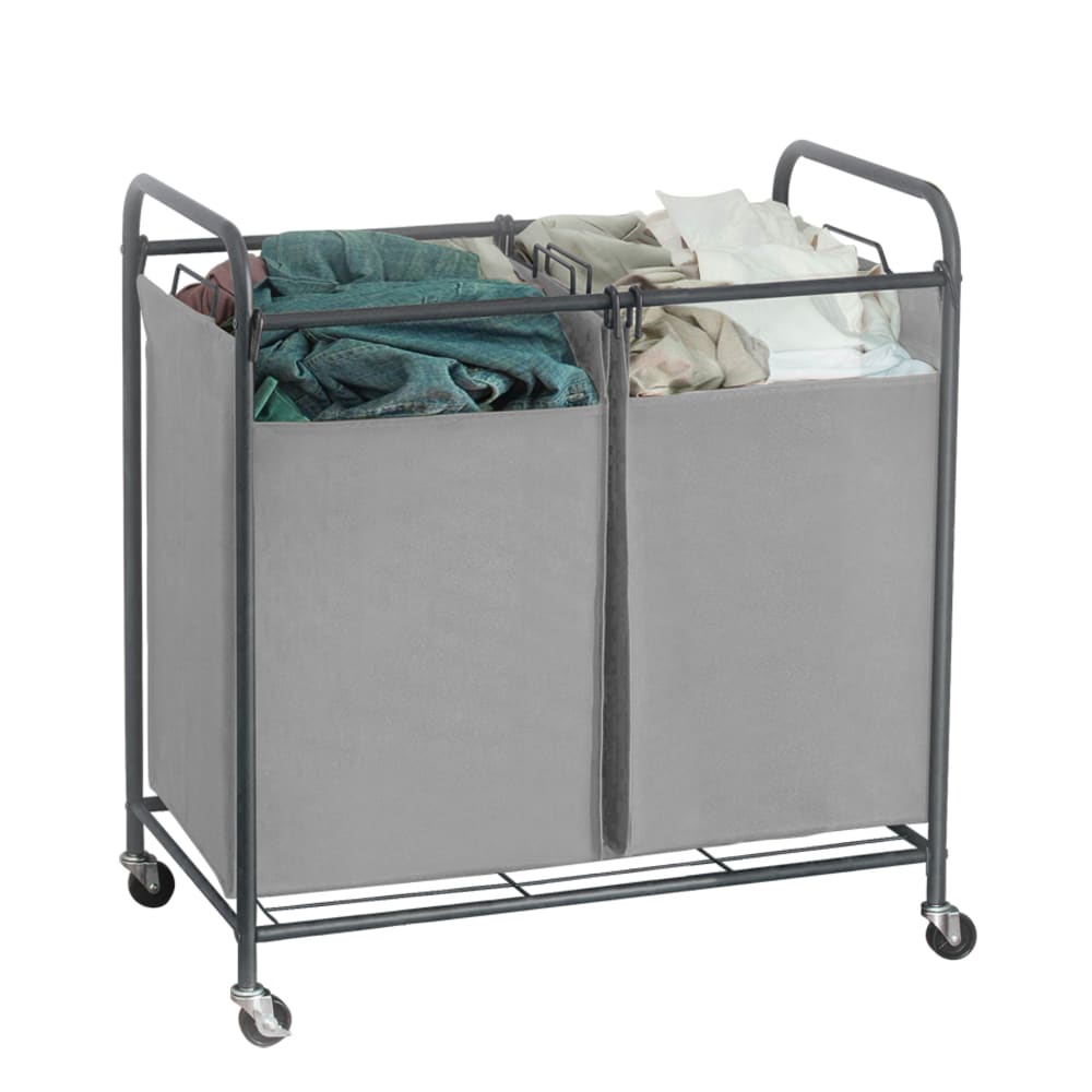 Add wheels to a metal trash can to be used as a clothes hamper