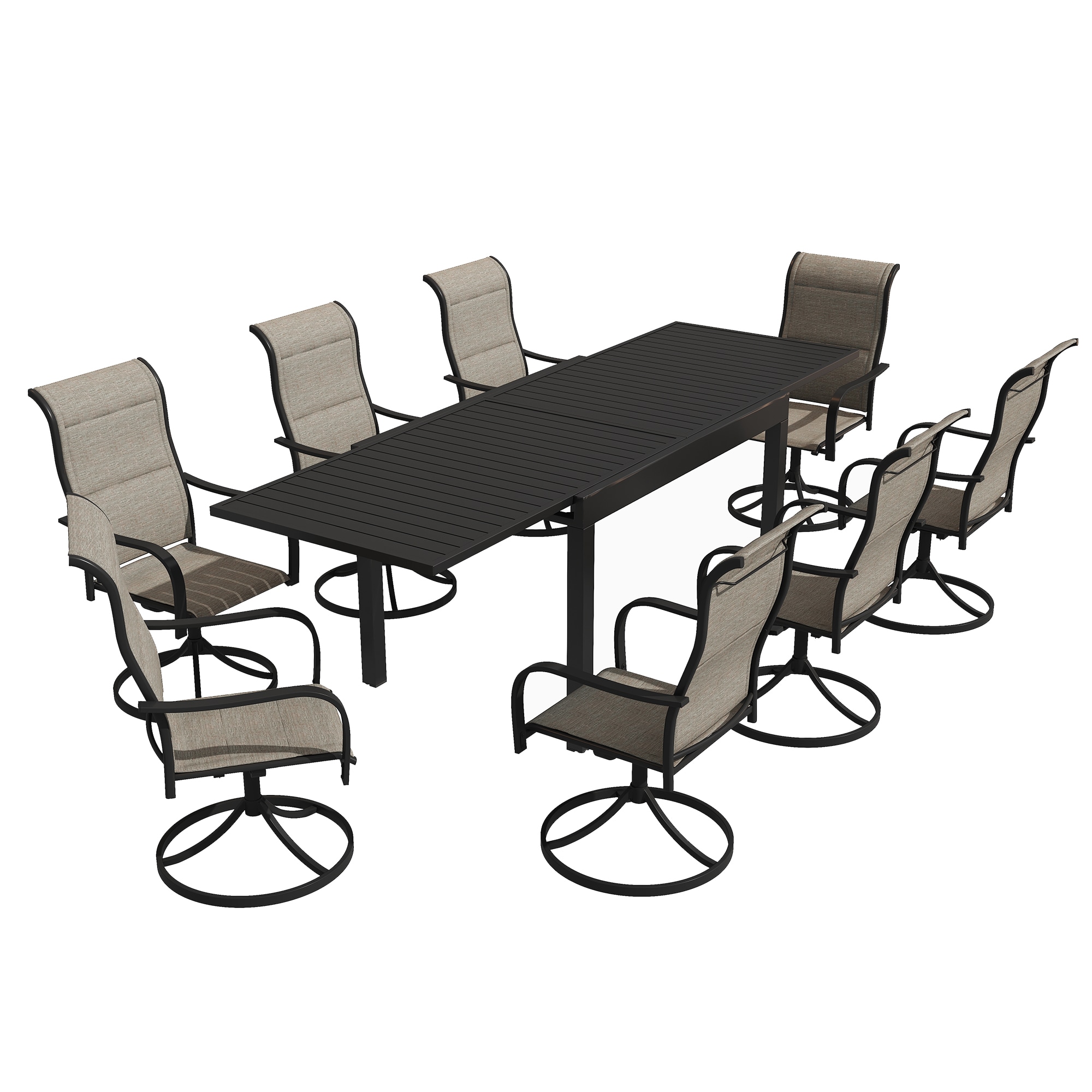 Clihome C5020T59A-CL 8Pcs Swivel Chairs with 1 Extendable Dining Table 8 -Piece Black Patio Dining Set Extendable Table Aluminum Rectangle Table with 8 Brown Swivel Chairs