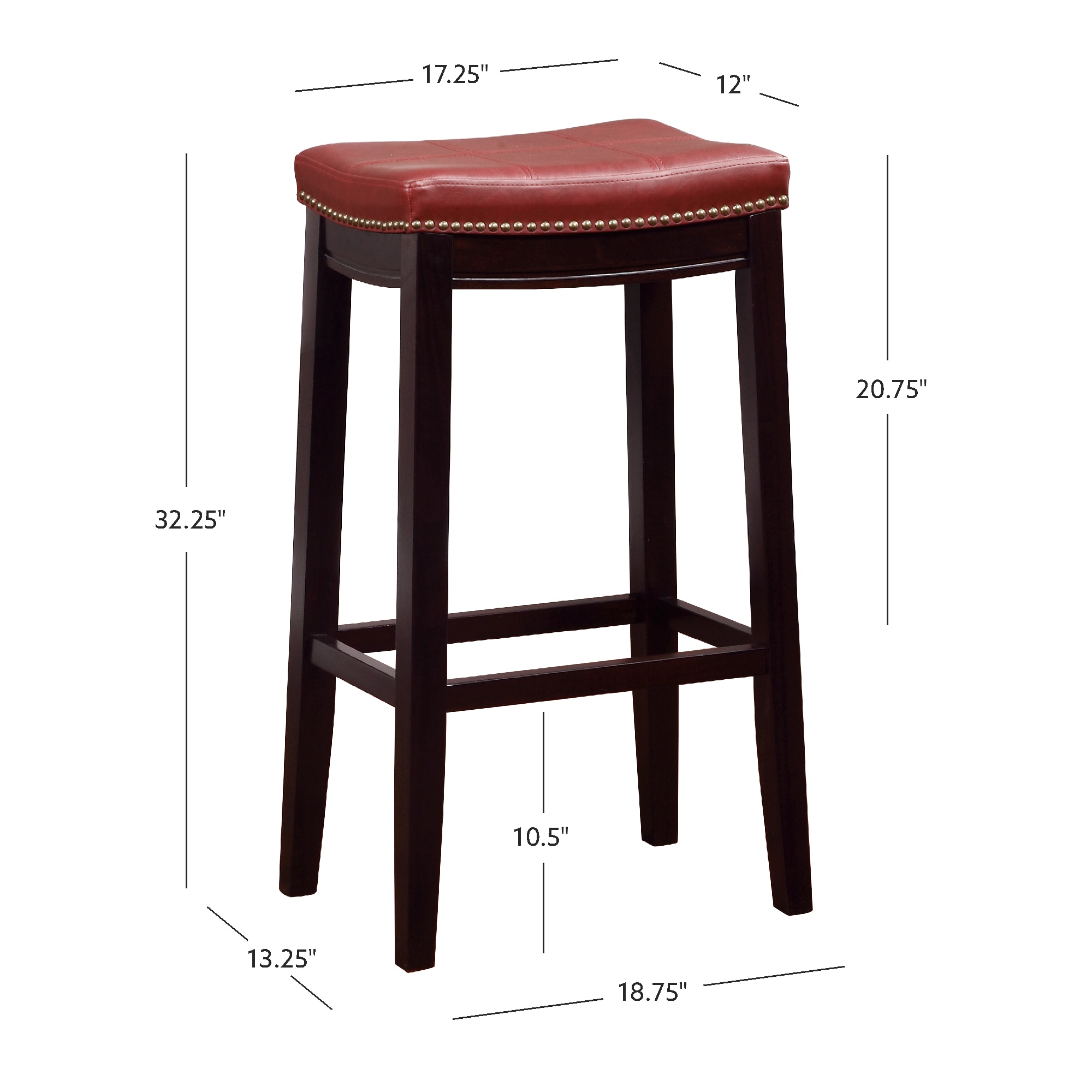 32" Dark Brown Wood Barstool with Red Faux Leather Saddle Seat