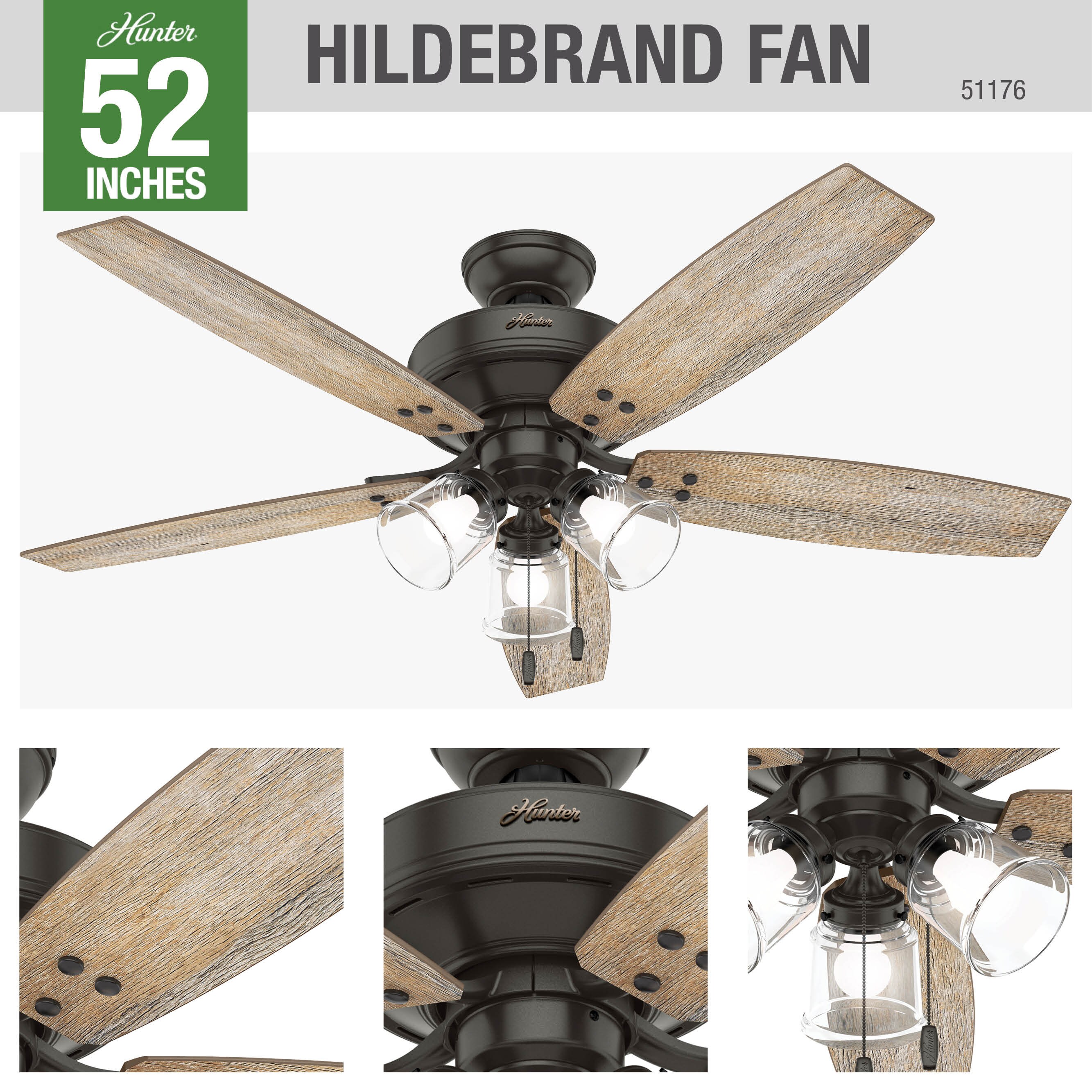 Hunter Hildebrand 52-in Noble Bronze LED Indoor Ceiling Fan with Light ...