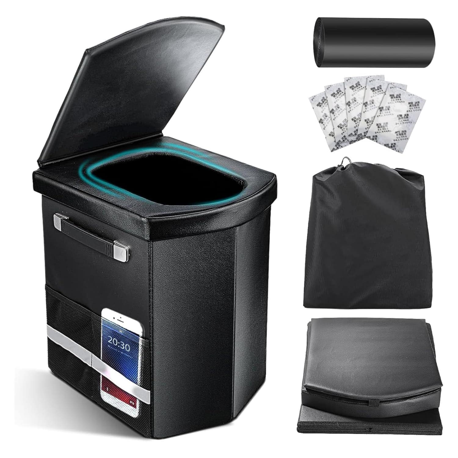 Angel Sar - 16.5in H 2-Handle Black Portable Toilet with Lid and Carry Bag