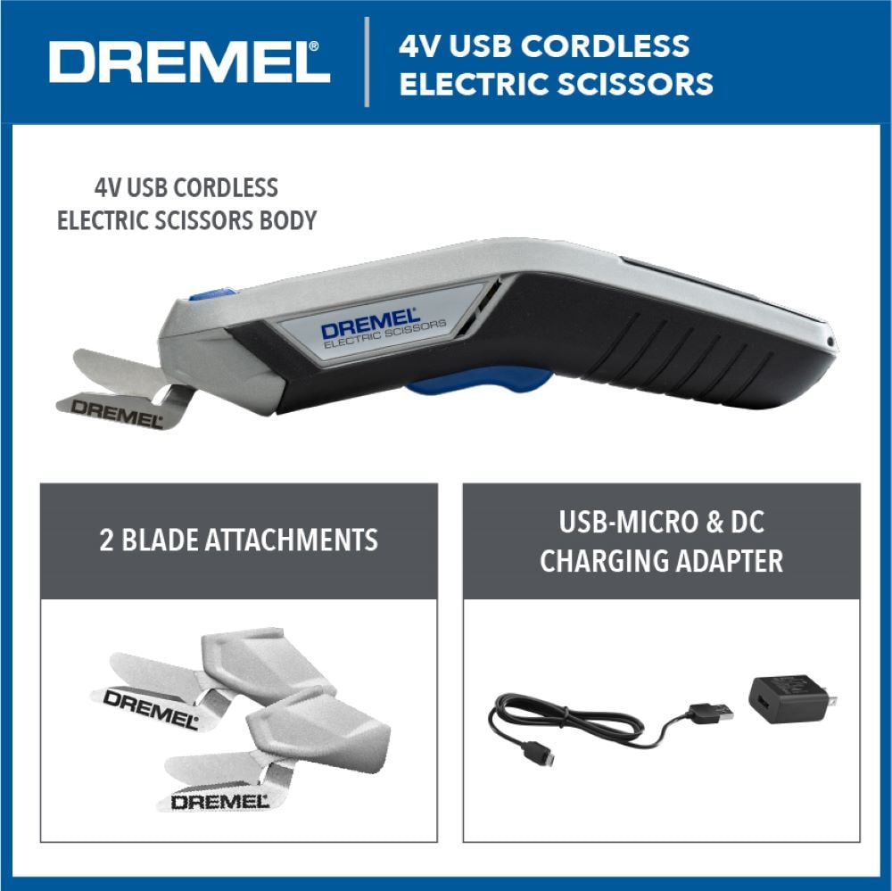  Dremel 4V Cordless Electric Scissors with USB Rechargeable  Battery and Two Blade Attachments - Ideal for Cutting Cardboard, Fabric,  and Paper, HSSC-01 : Arts, Crafts & Sewing