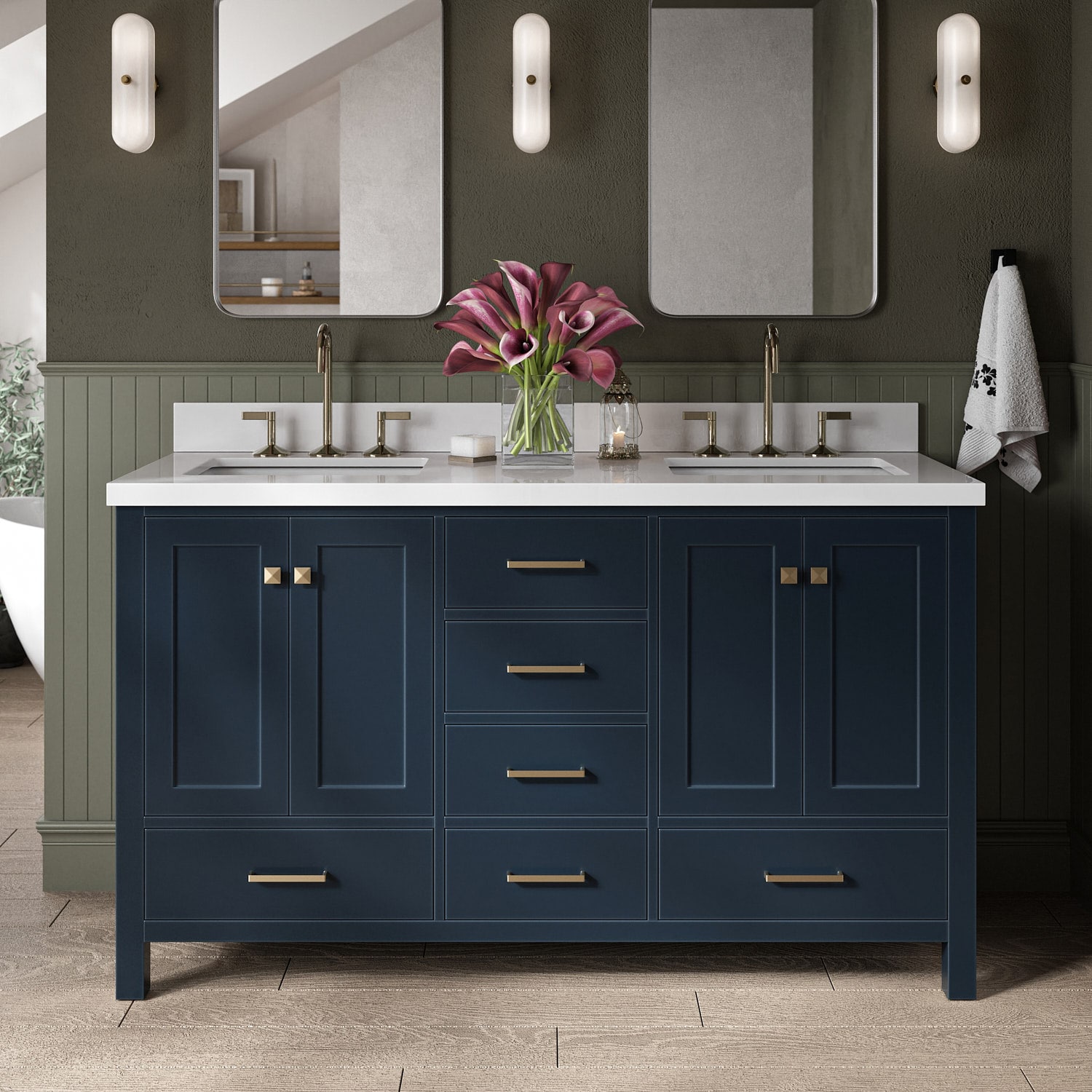ARIEL A061DWQRVOMNB Cambridge 61-in Midnight Blue Undermount Double sink Bathroom Vanity with Pure White Quartz Quartz Top