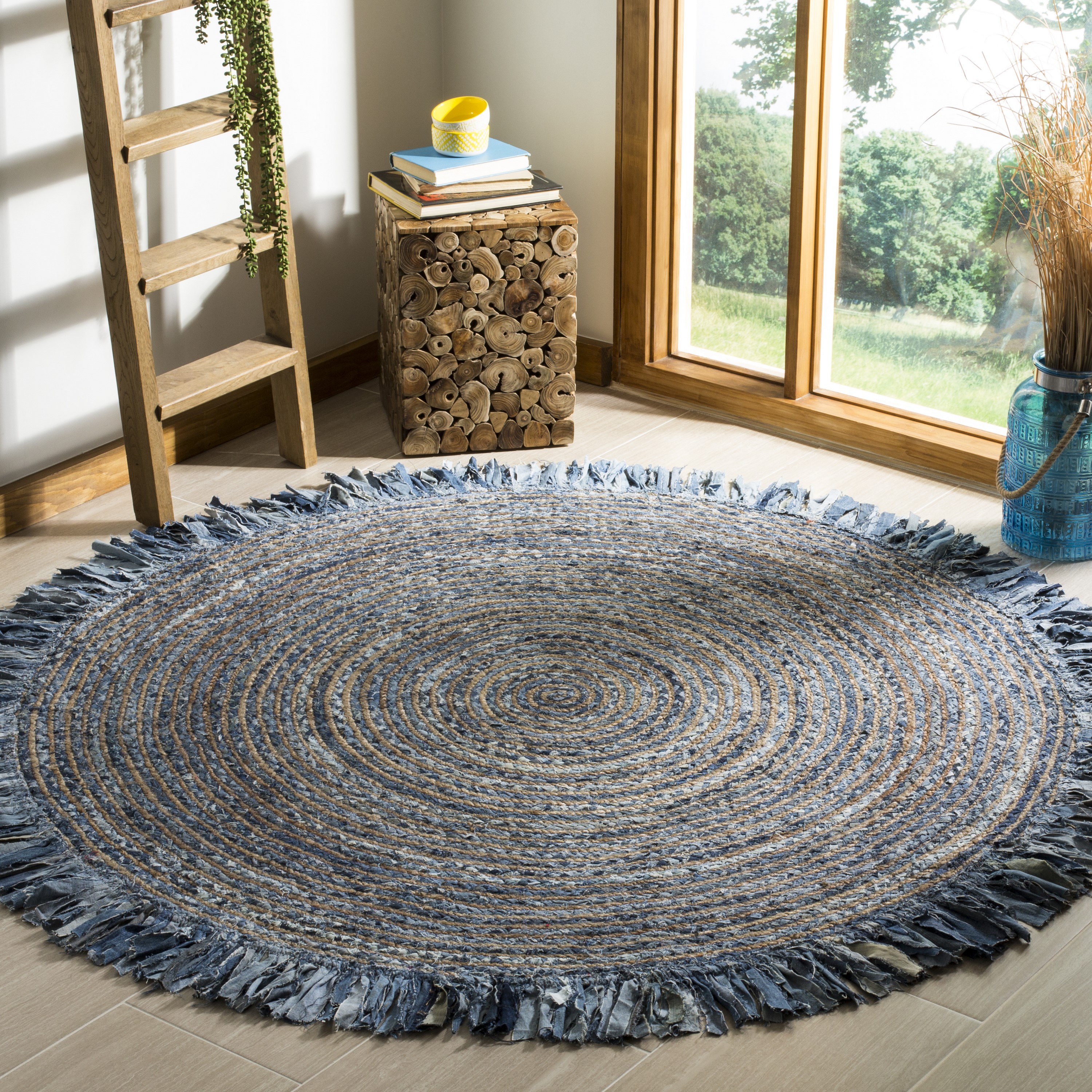 Safavieh Cape Cod Portland 6 x 6 Ivory/Denim Round Indoor Abstract  Bohemian/Eclectic Area Rug in the Rugs department at