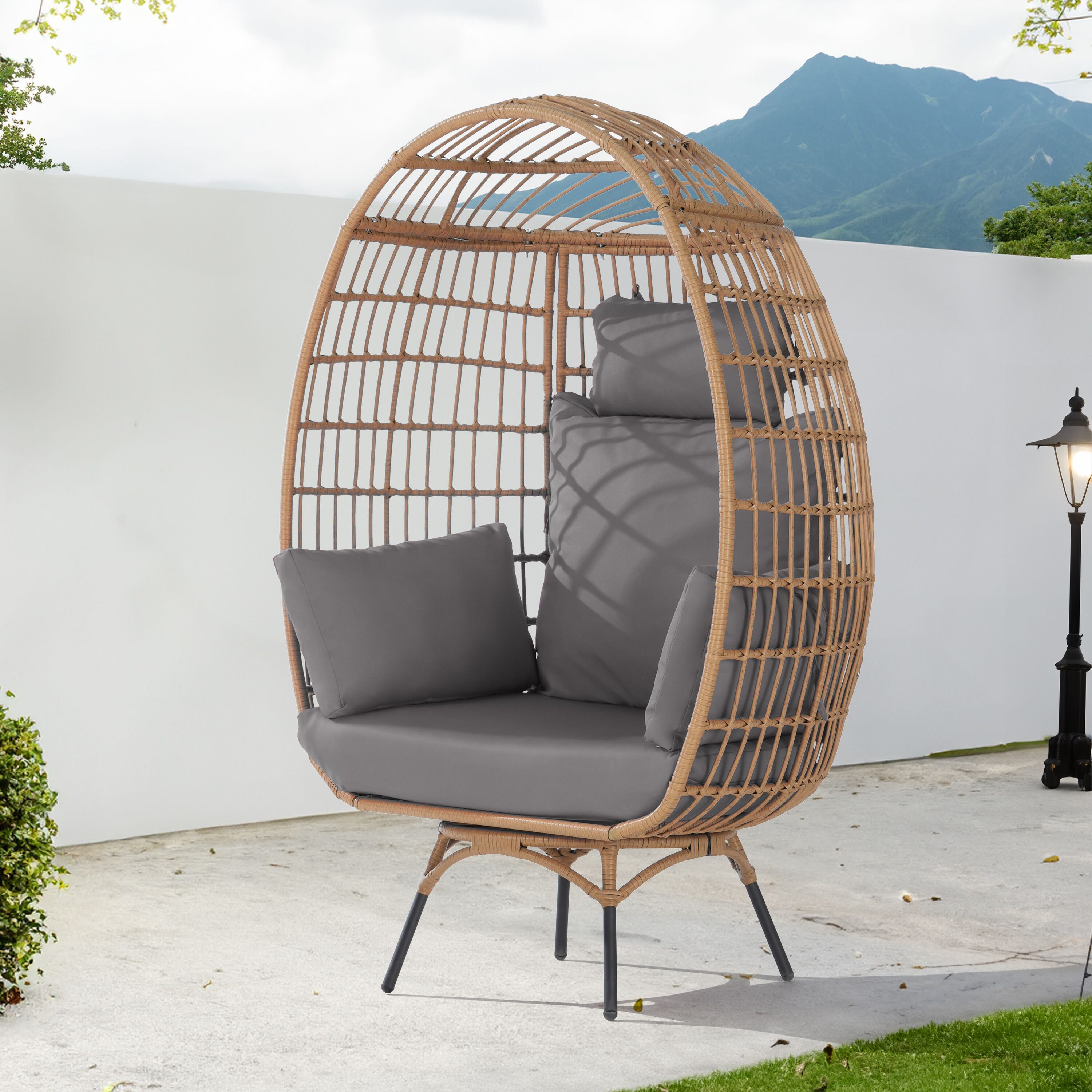 SANSTAR L-RJDC58GY Patio Chairs Wicker Brown Wicker Frame Swivel Egg Chair with Dark gray 220gsm Polyester Cushioned Seat