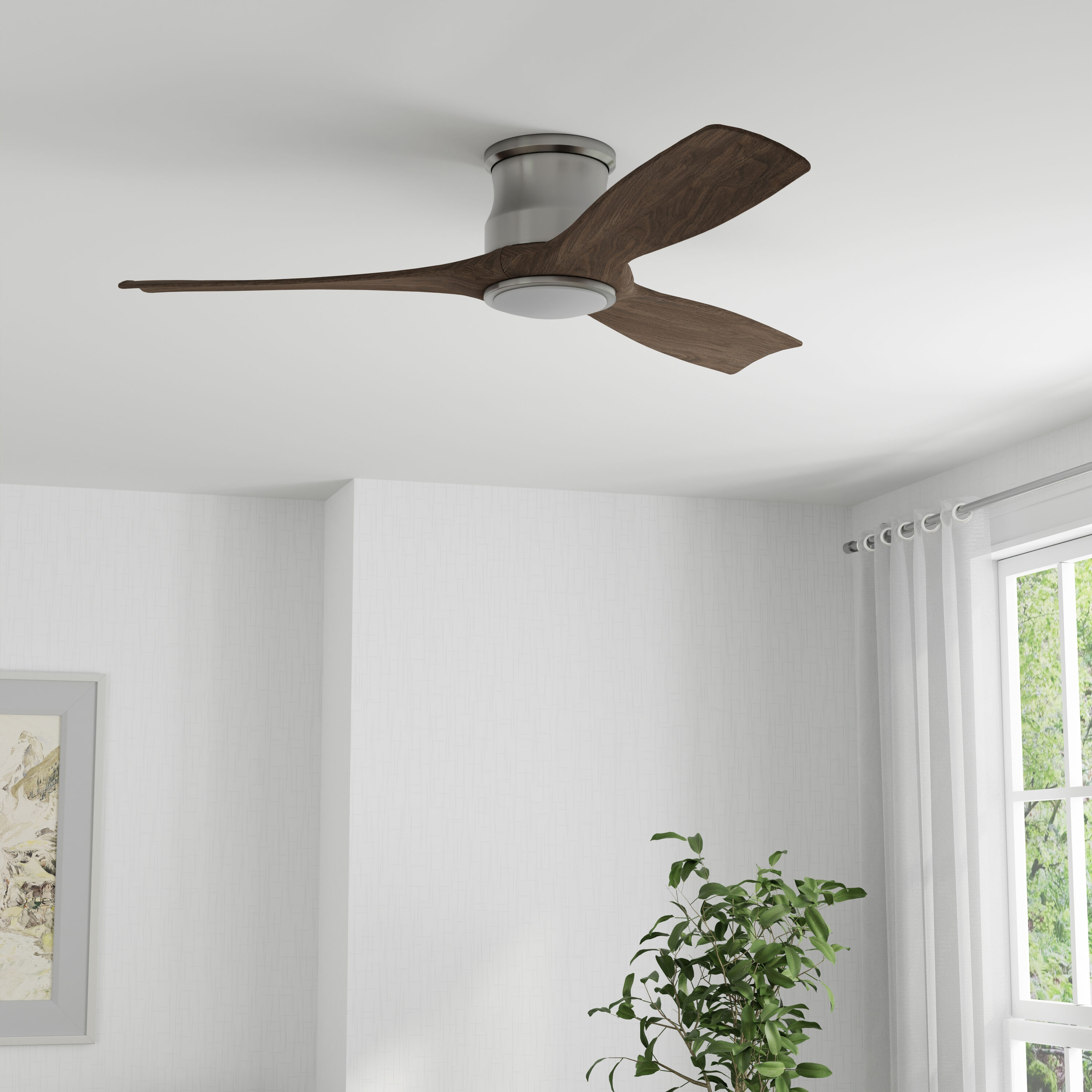 Harbor Breeze ACA52BNK3LR Brayard 52-in Color-Changing Flush Mount Brushed Nickel with Oak Blades Propeller Ceiling Fan With Light - Remote Included ( 3 -Blade )