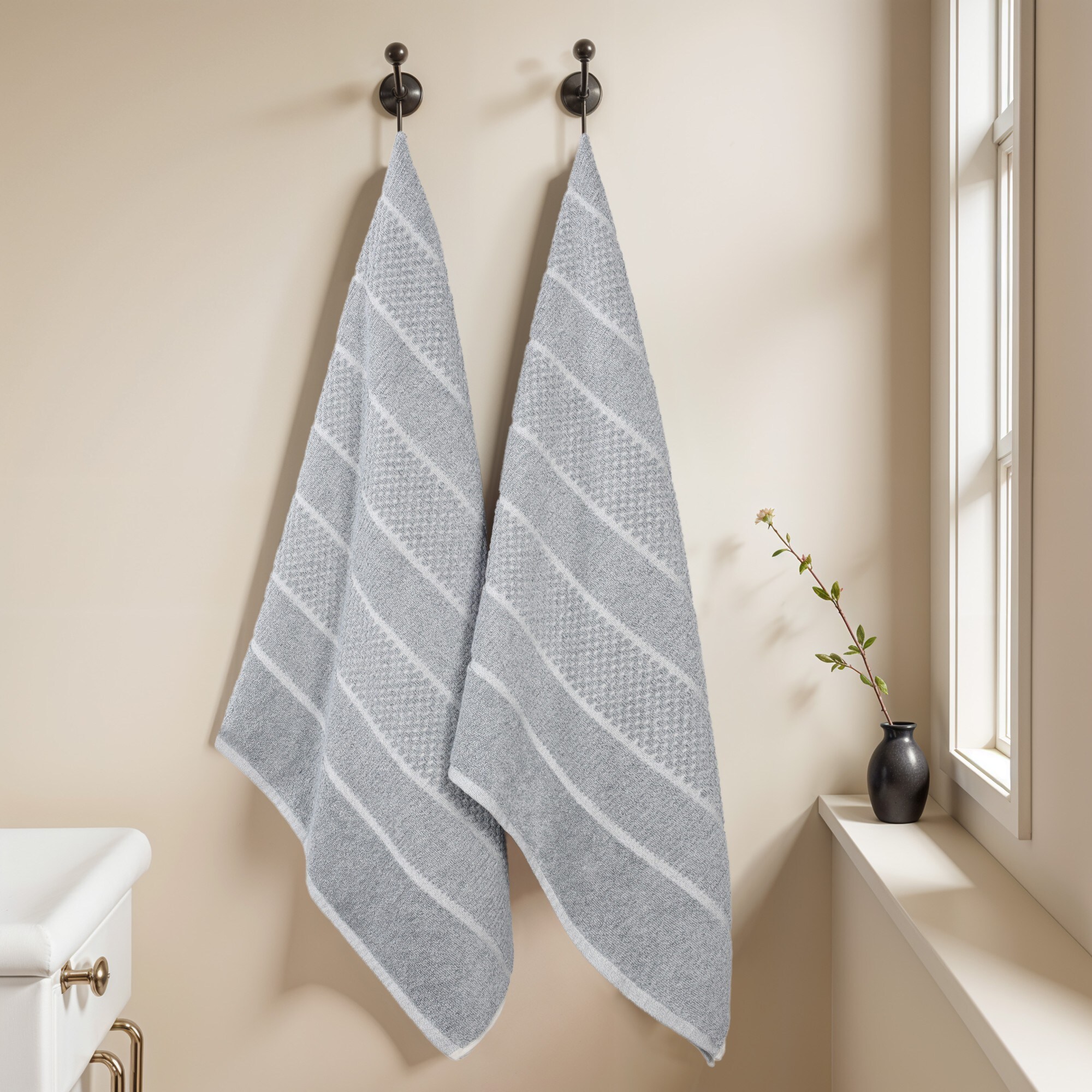 Superior Naples Viscose Cotton Blend Medium Weight Checkered and Ribbed Bath Sheets, Set of 2