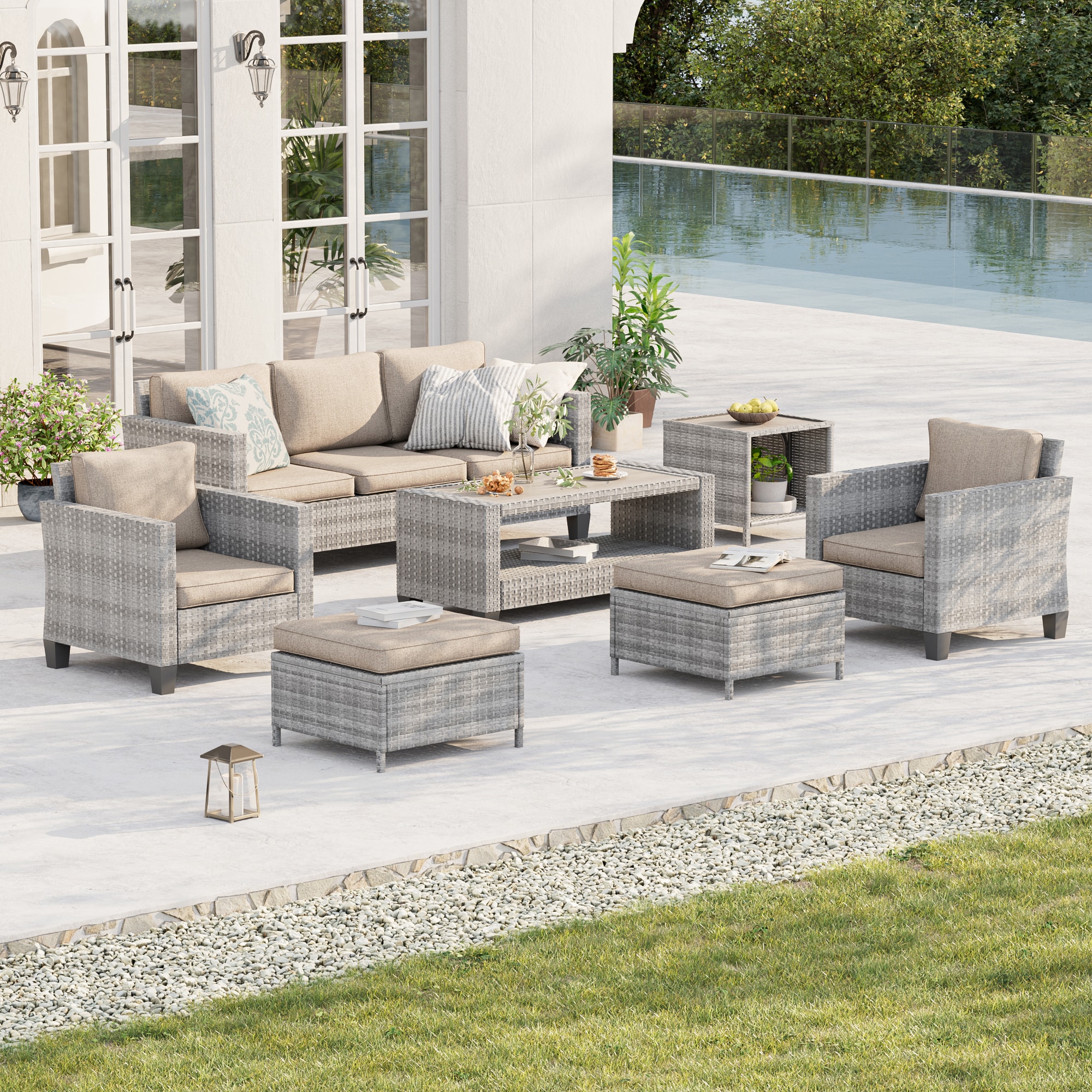 ACEGOSES LW-115HBG-S1T3 7 -Piece Wicker Patio Sofa Conversation Set with Tan Cushions
