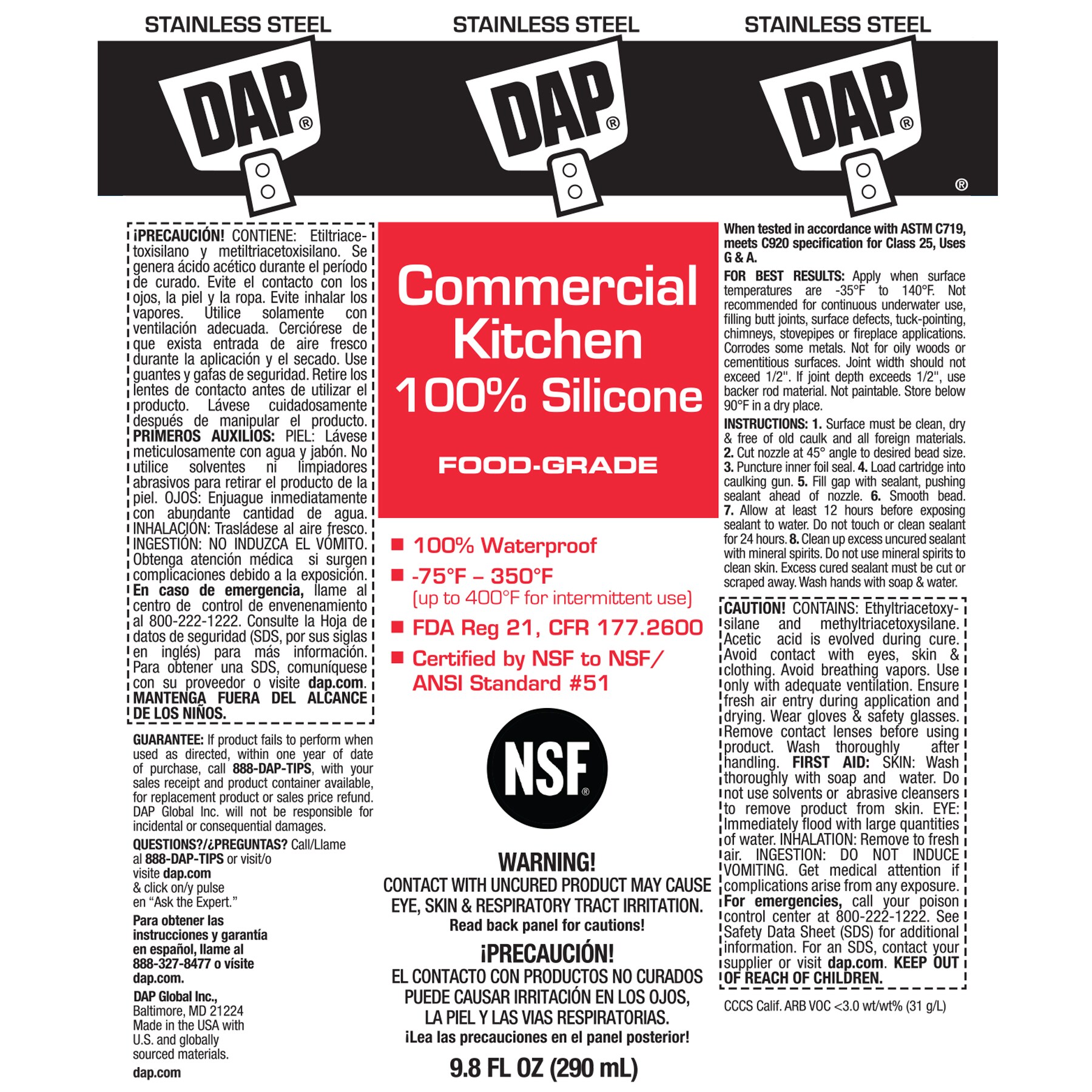 DAP 9.8 oz. Stainless Steel Commercial Kitchen 100% Silicone Sealant 70798  08660