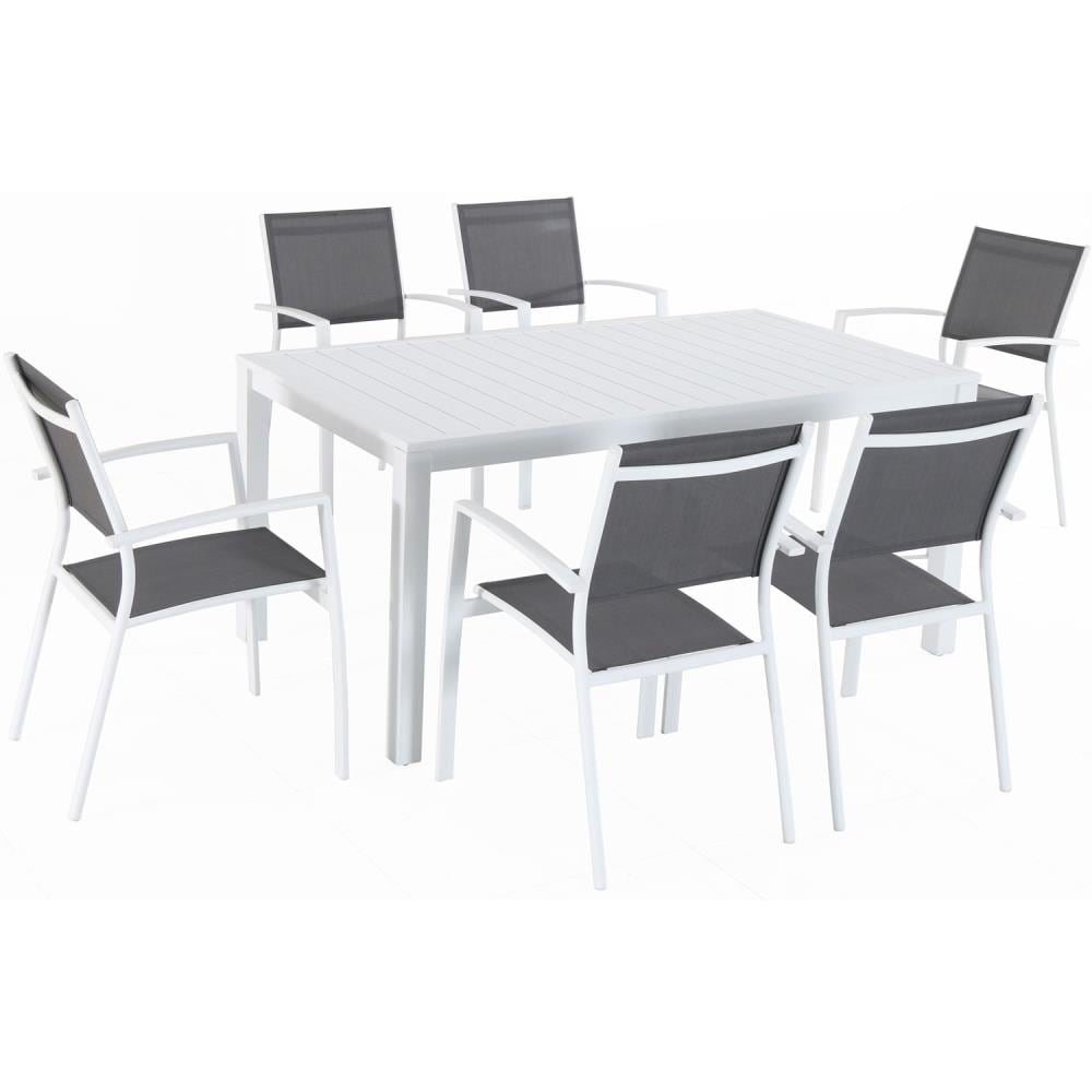 Hanover DELDNS7PC-WW Del Mar 7 -Piece White Patio Dining Set Aluminum Rectangle Table with 6 Gray Stackable Stationary Chairs