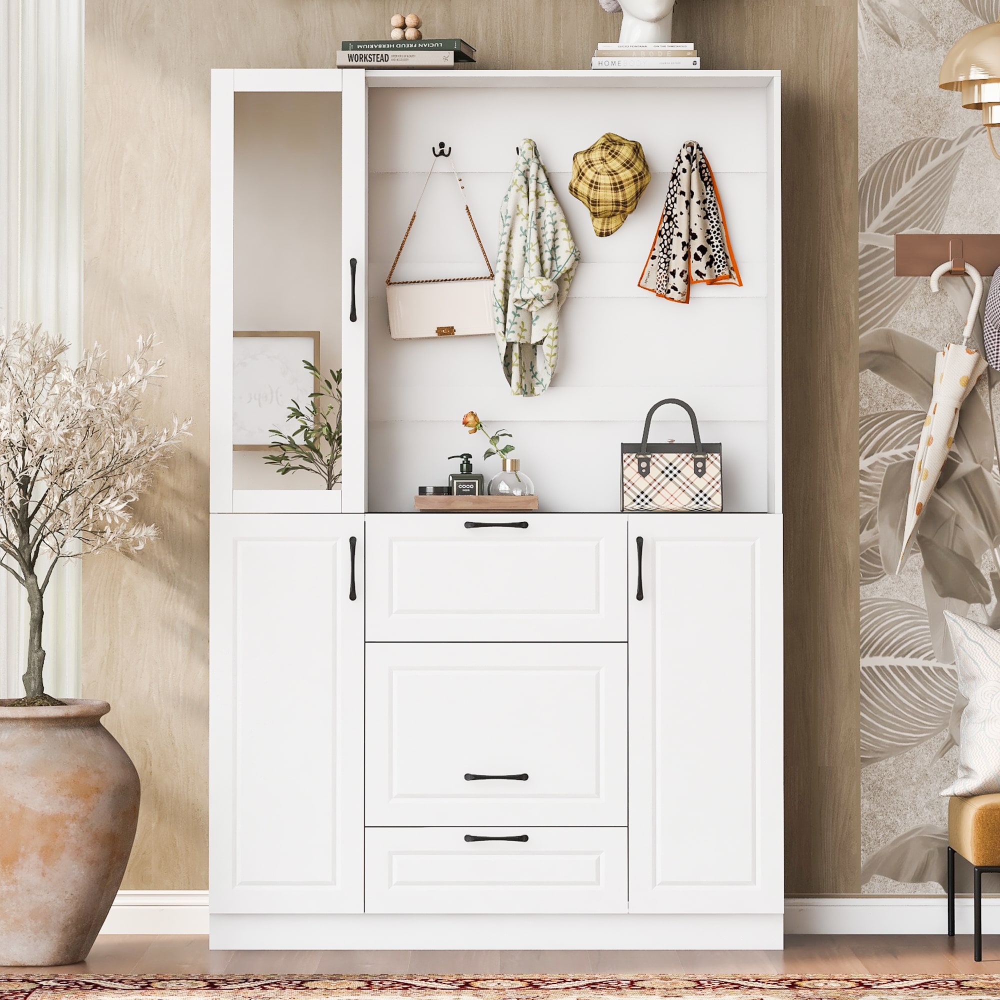 JANSNO HT-CR-55 Rustic 51.1 White Wood Hall Tree