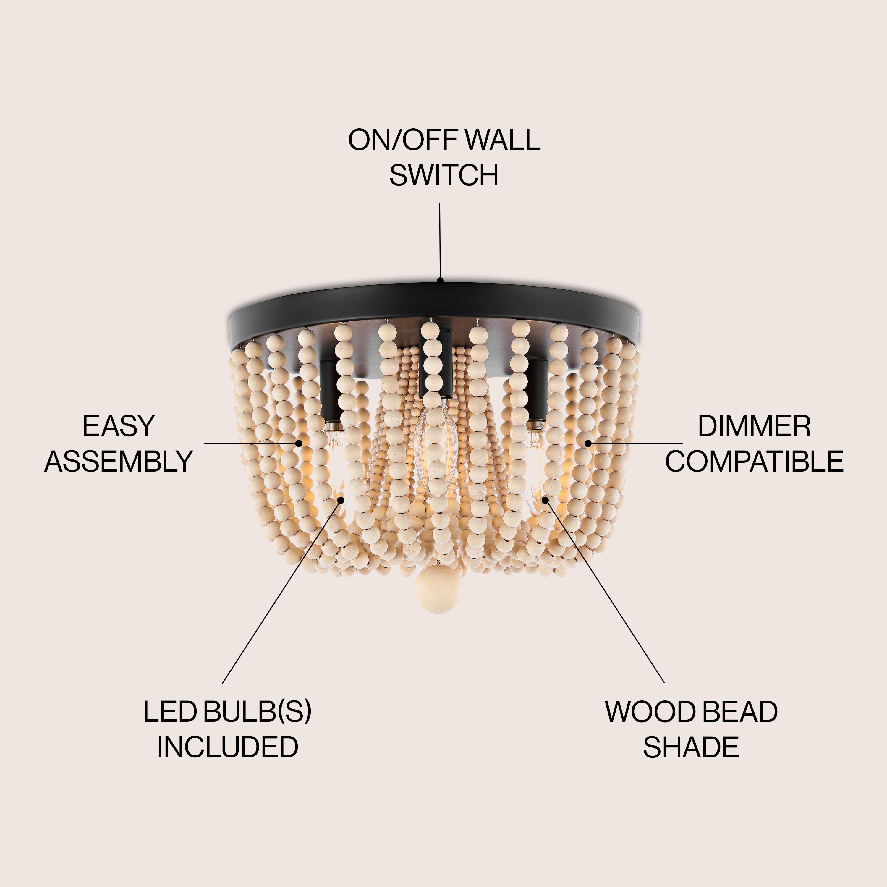 Bronze Bohemian Iron and Wood Bead LED Flush Mount Light