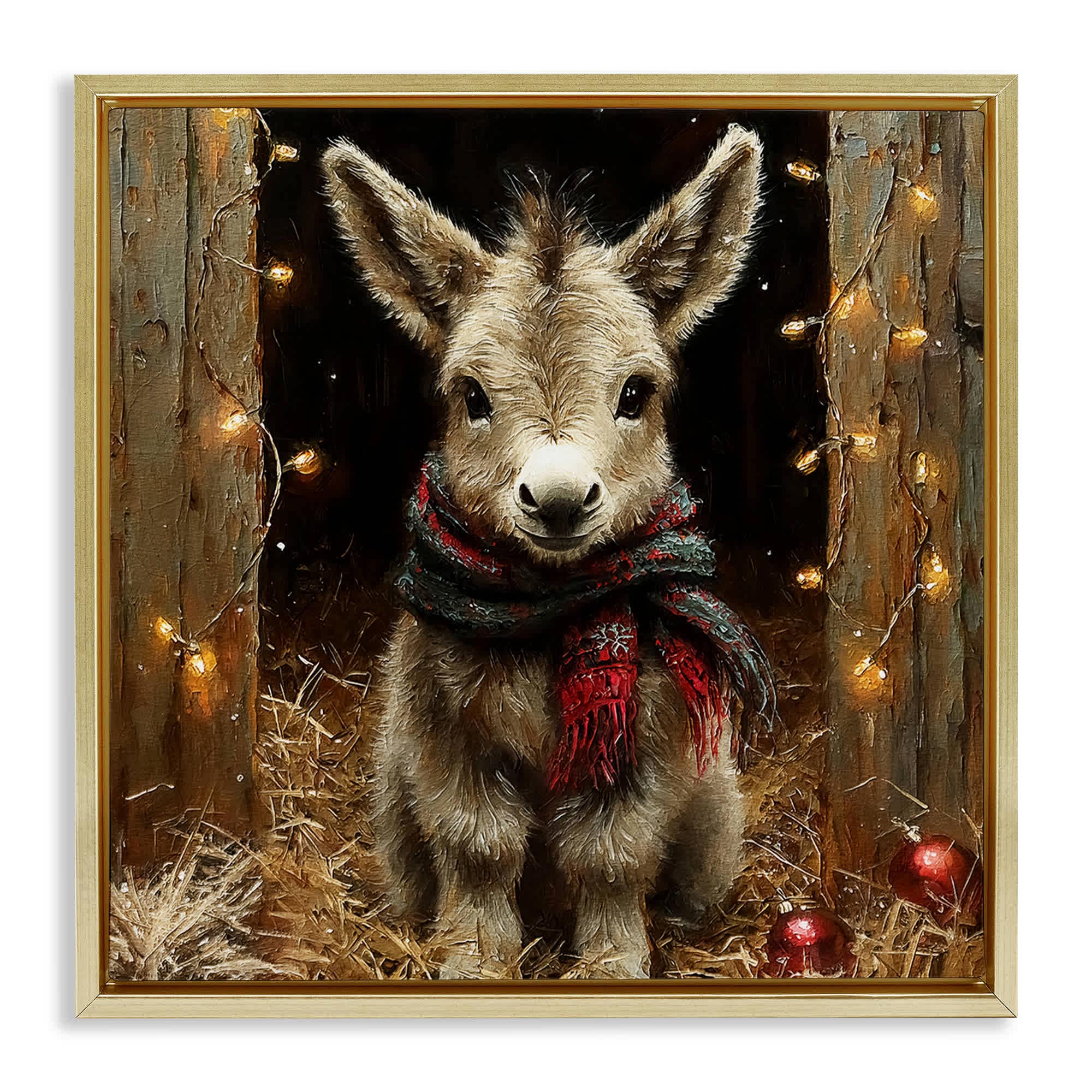Stupell Industries BT-933-FFG-17X17 Baby Donkey and Holiday Lights Gold Framed Floater Canvas Wall Art By Riley B 18 x 18