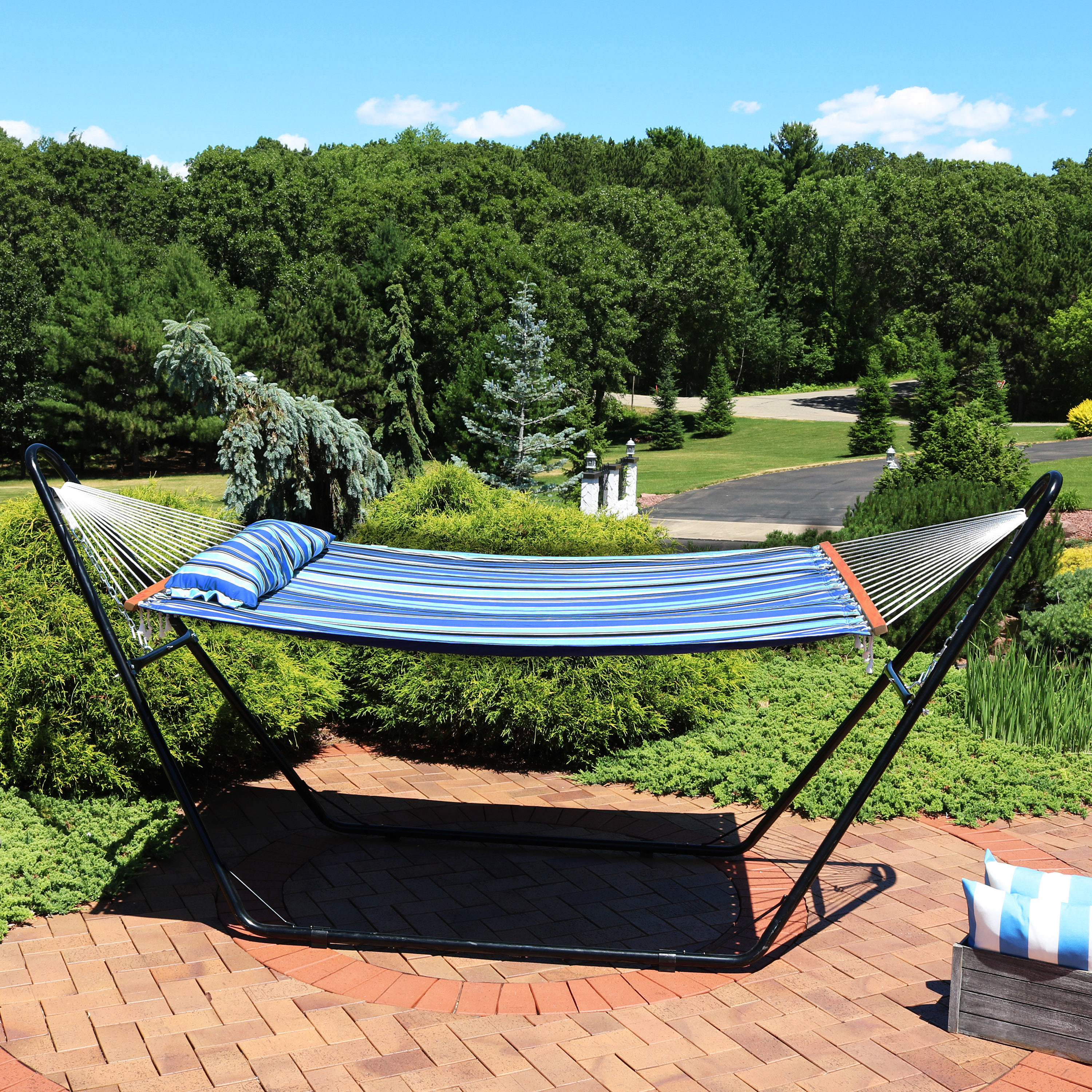 Sunnydaze Decor Blue Fabric Hammock with Stand #OP-169-MHS-COMBO