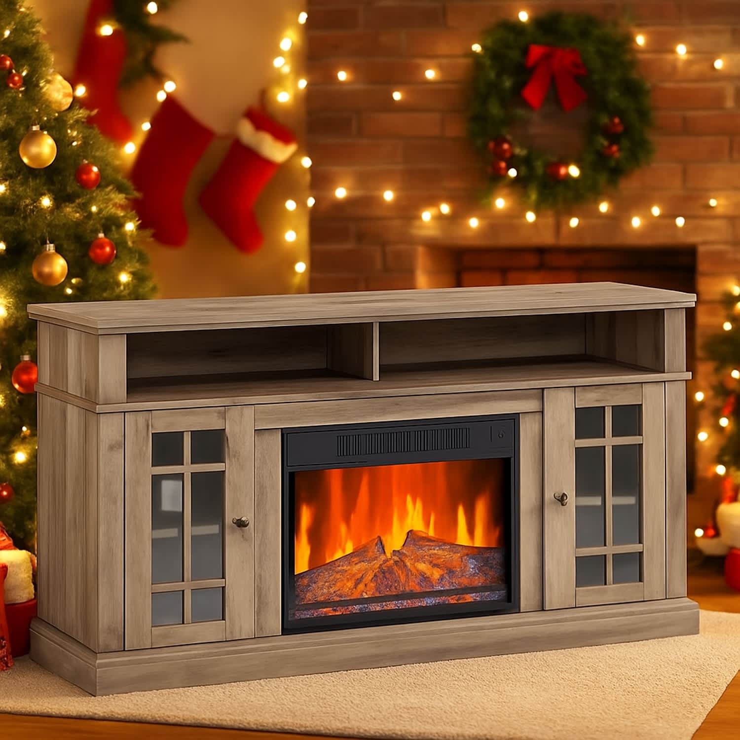 Garvee 72-in Natural Wood TV Stand with 23-in Electric Fireplace Remote ...