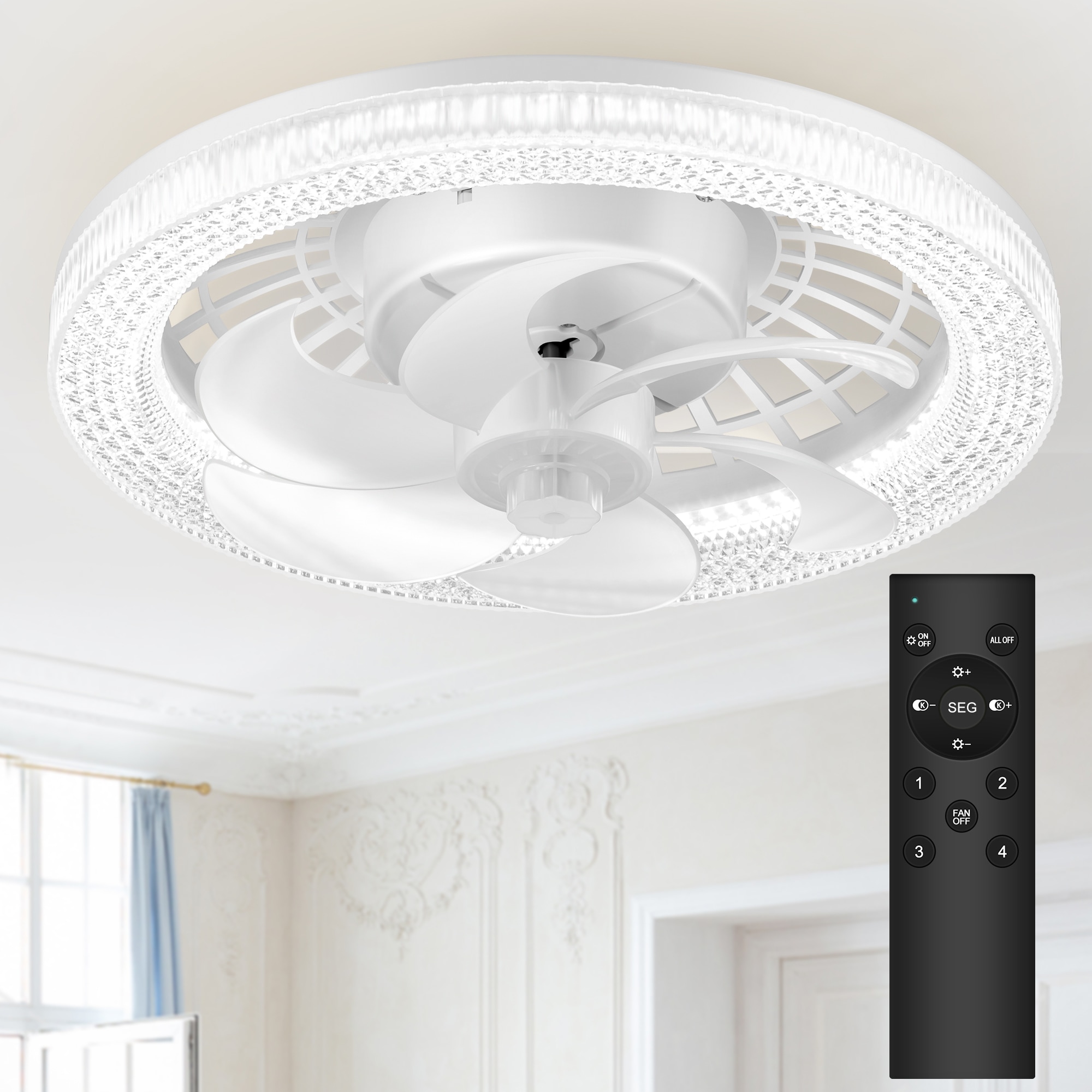 Breezary 35023-BK Socket Low Profile 13-in Color-Changing Integrated LED Flush Mount White with Transparent Blades Ceiling Fan With Light - Remote Included ( 7 -Blade )