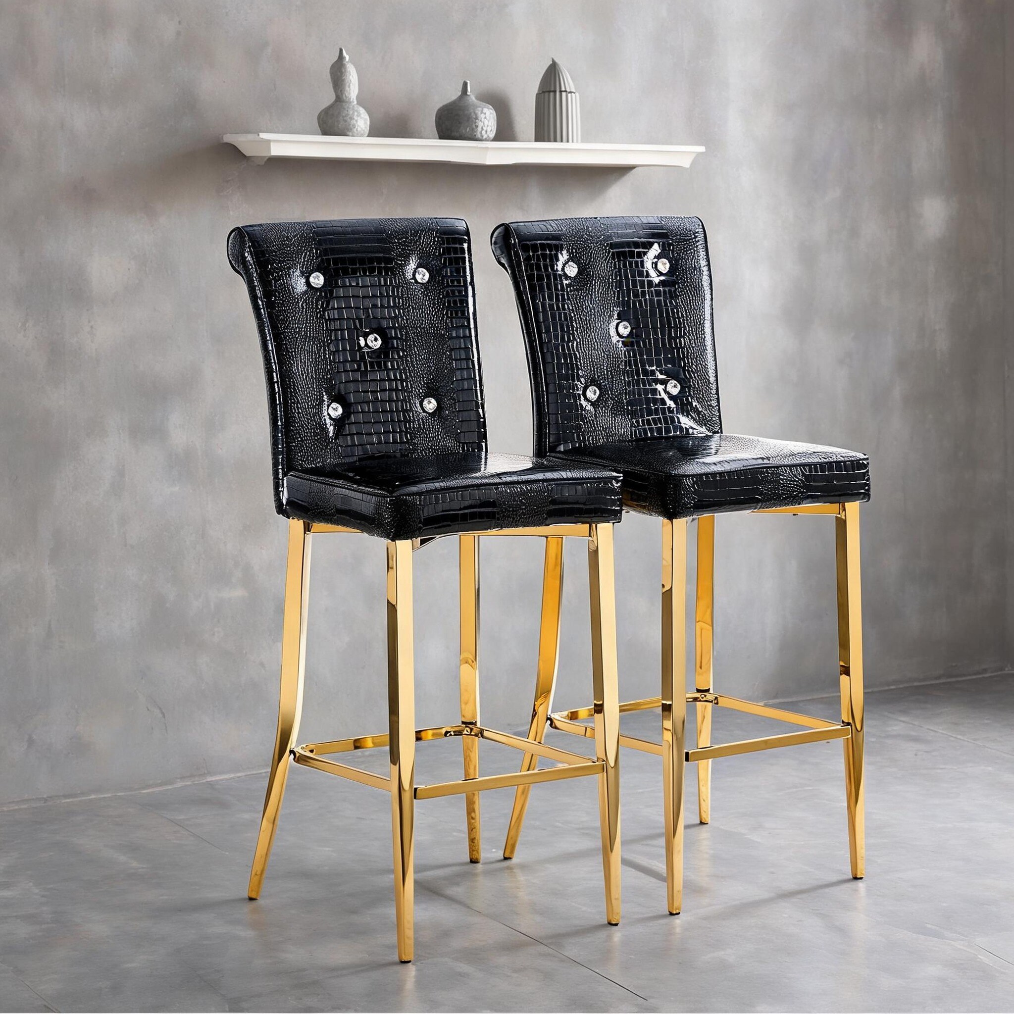 chillscreamni Deep Black Faux Alligator Bar Chair Set of 2 with Crystal ...