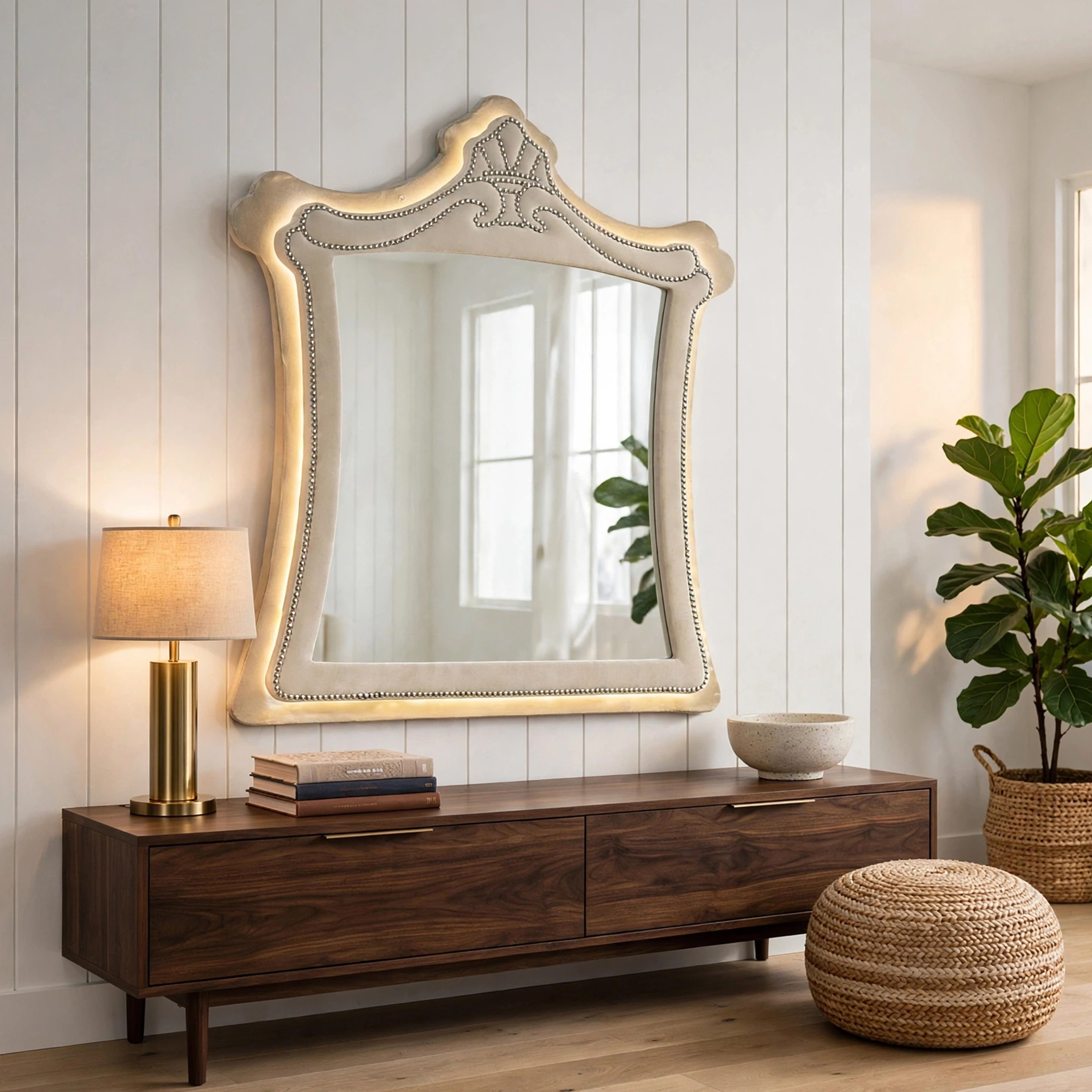 Benzara - Willa Beige and Silver 45 in. W x 48 in. H Traditional Rectangle Wood Framed Dresser Mi...