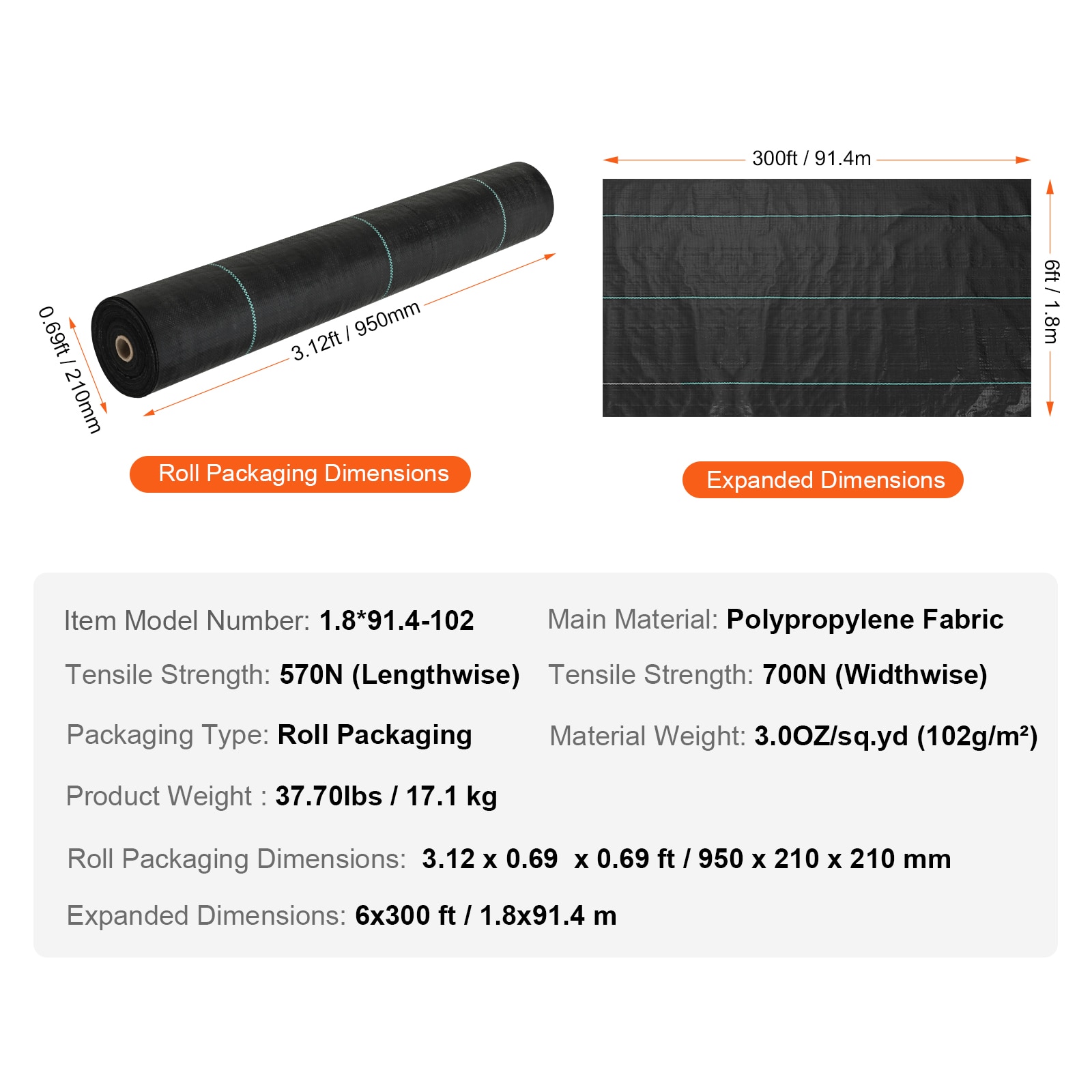 VEVOR Black Polypropylene Heavy Duty Weed Barrier Fabric