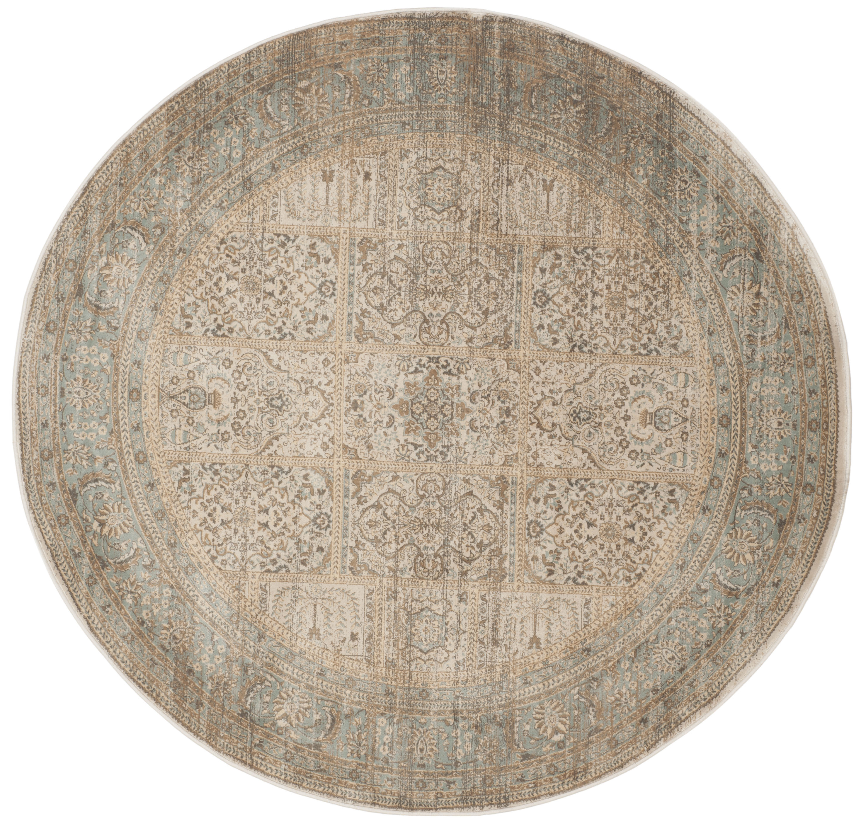Ivory and Light Blue Round Viscose Area Rug, 80"