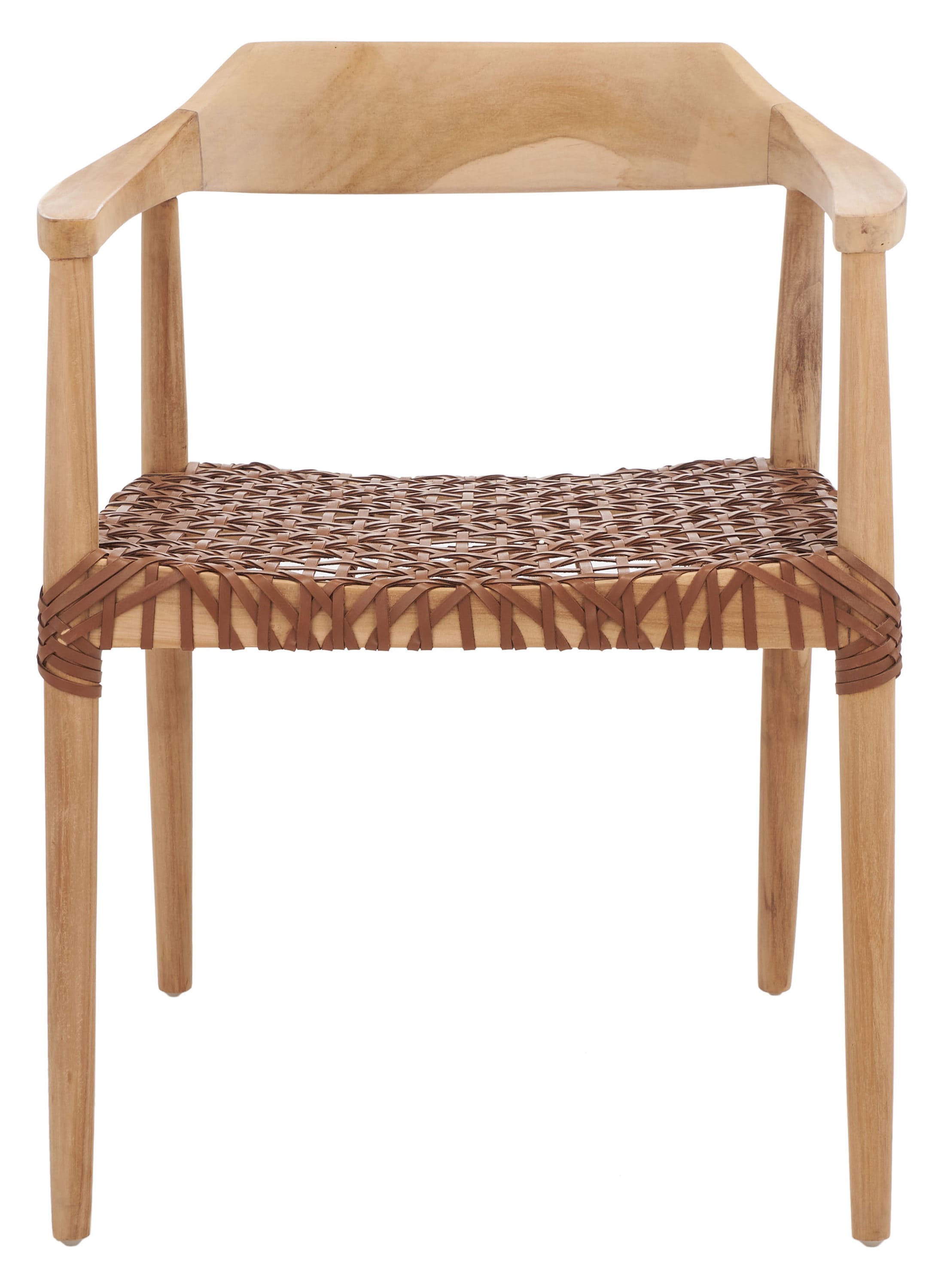Mid-Century Teak Wood & Woven Leather Accent Chair in Natural Finish