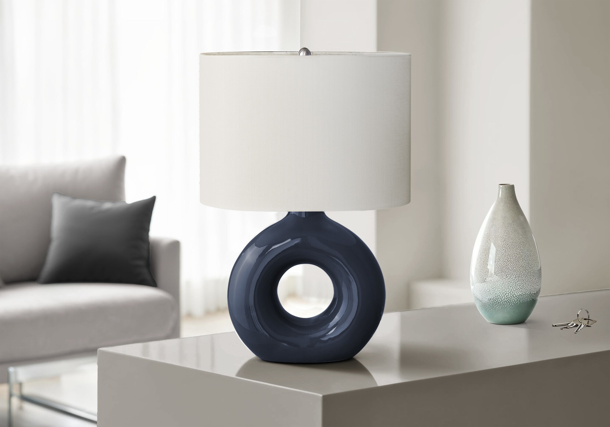 JUSHUA Lighting 24-inch H Table Lamp Blue Ceramic Ivory Cream Shade Contemporary Modern