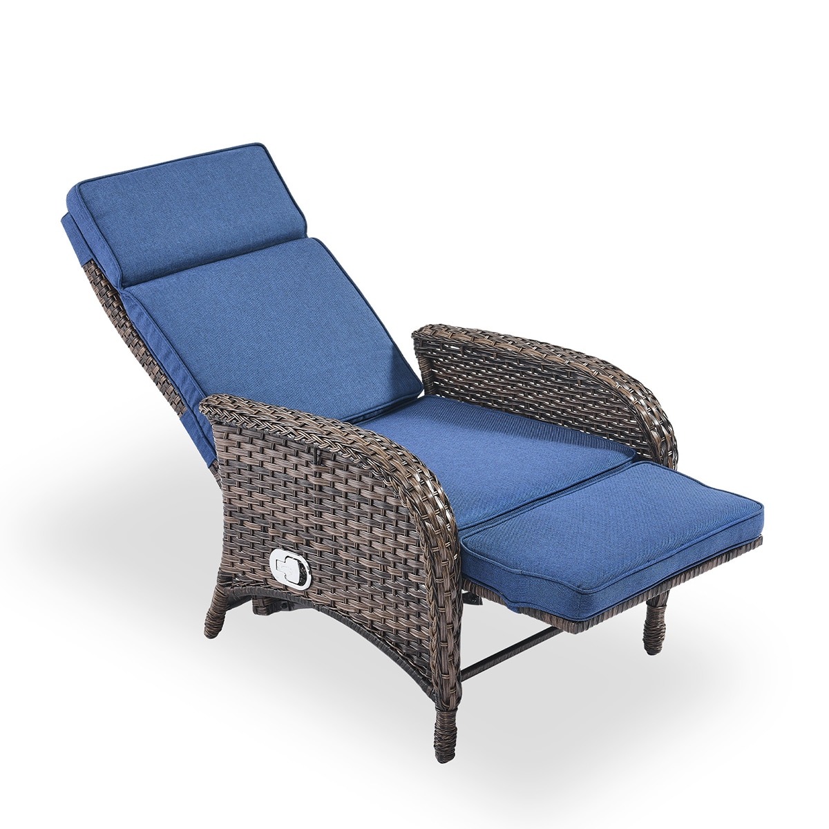 Rilyson FSKWBR150-1 KEY WEST Wicker Brown Wicker Frame Stationary Recliner Chair with Brown Blue Cushioned Seat
